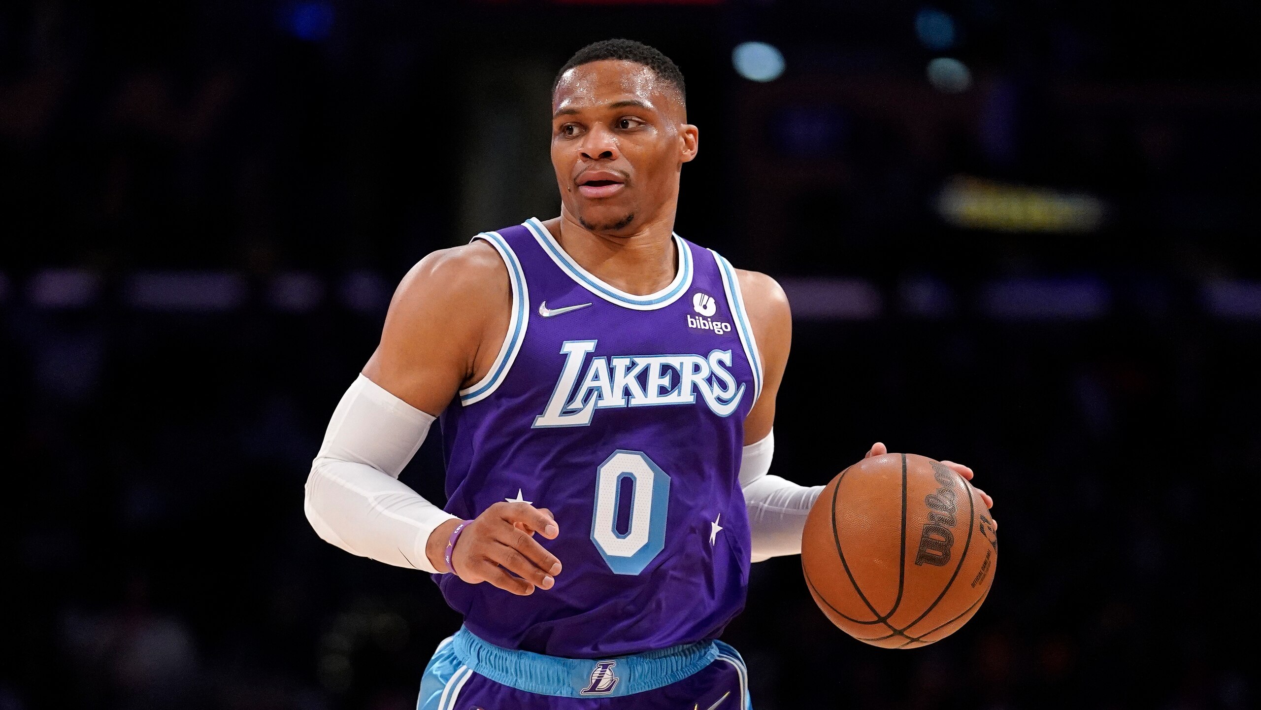 Los Angeles Lakers guard Russell Westbrook dribbles during the first half of an NBA basketball game against the New York Knicks Saturday, Feb. 5, 2022, in Los Angeles. (AP Photo/Mark J. Terrill)