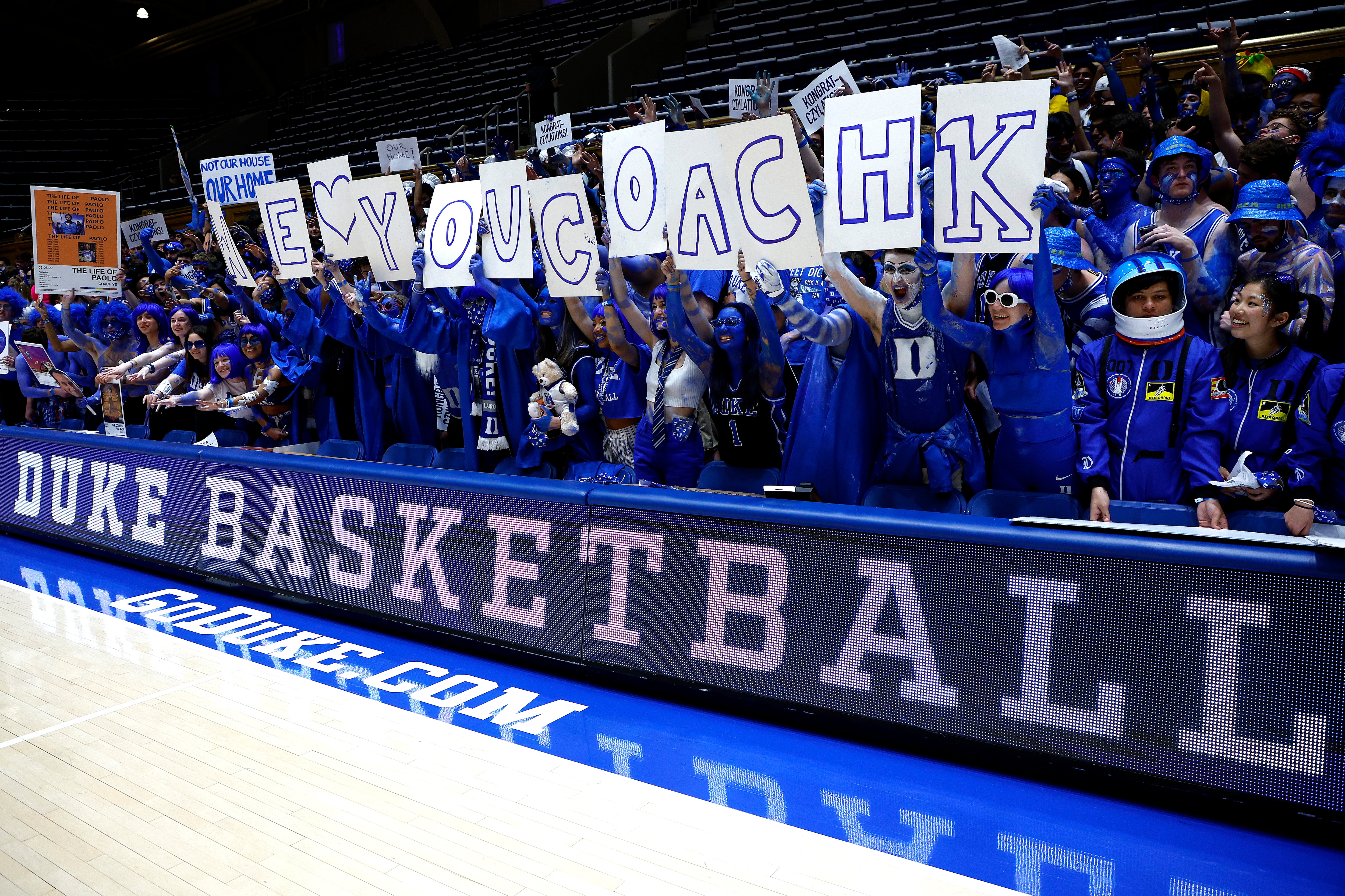 DURHAM, NORTH CAROLINA - MARCH 05: Fans hold up a sign for head coach Mike Krzyzewski of the Duke Blue Devils before he coaches his final home game at Cameron Indoor Stadium against the North Carolina Tar Heels on March 05, 2022 in Durham, North Carolina. (Photo by Jared C. Tilton/Getty Images)