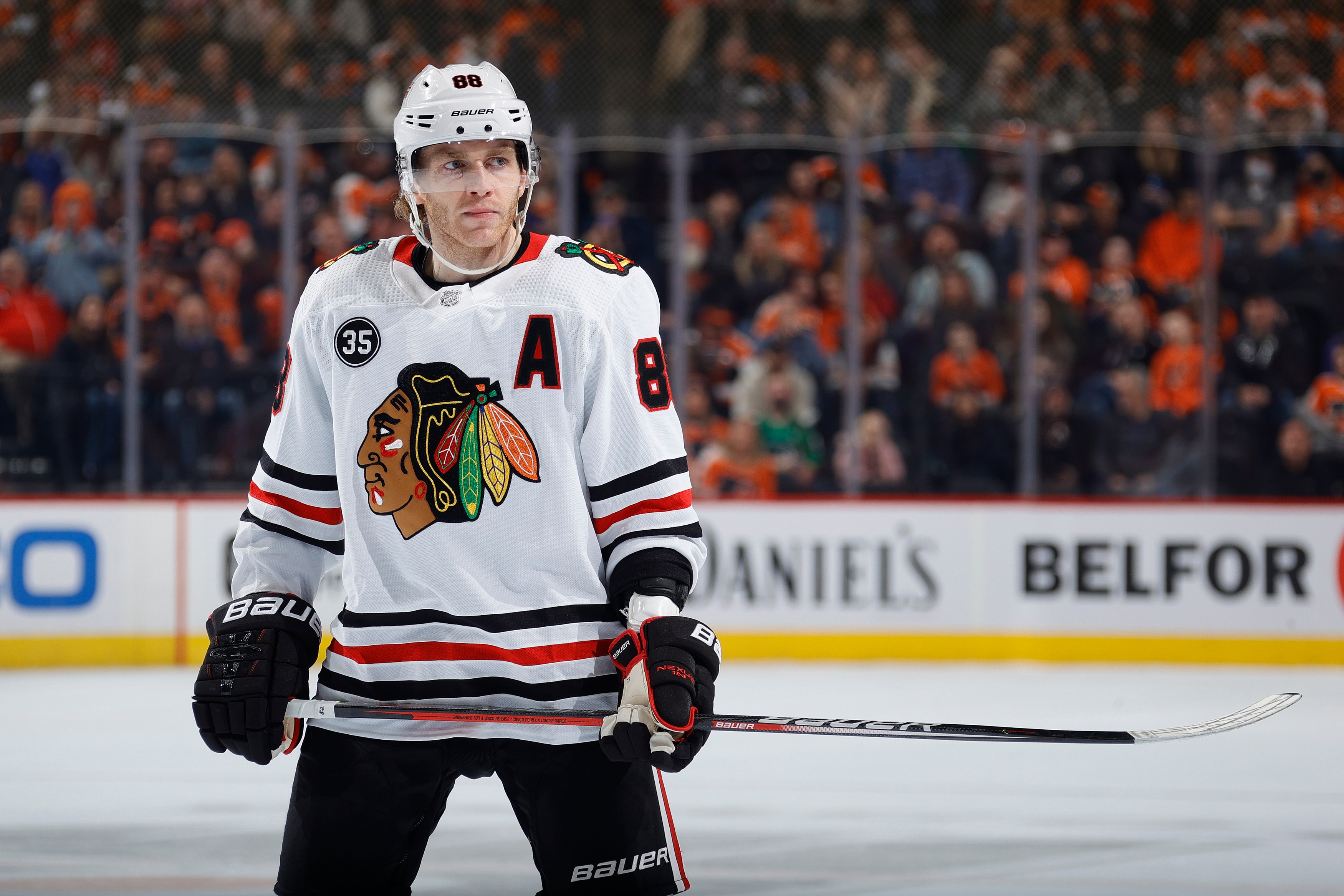 PHILADELPHIA, PENNSYLVANIA - MARCH 05: Patrick Kane #88 of the Chicago Blackhawks looks on during the first period against the Philadelphia Flyers at Wells Fargo Center on March 05, 2022 in Philadelphia, Pennsylvania. (Photo by Tim Nwachukwu/Getty Images)