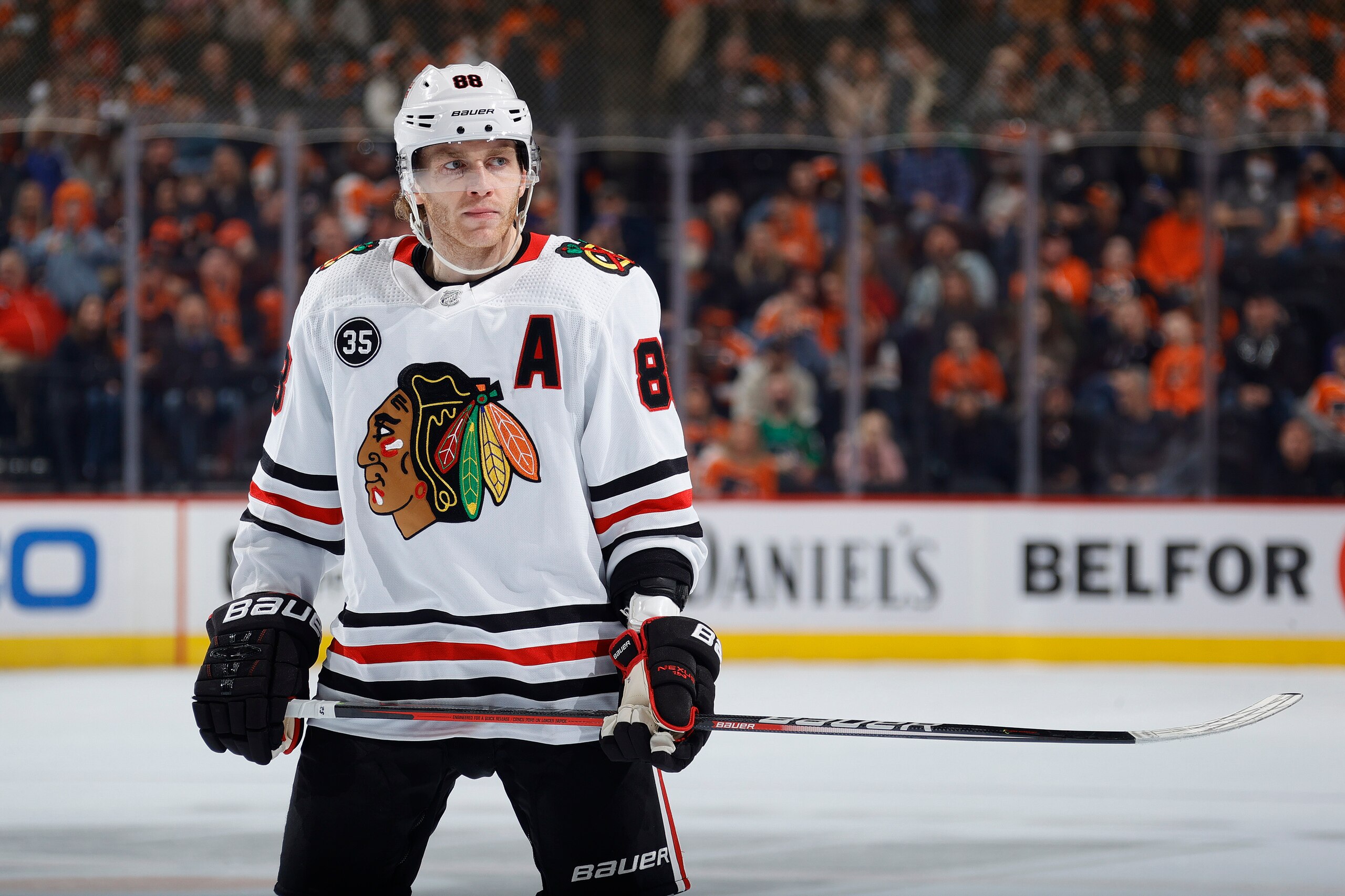 PHILADELPHIA, PENNSYLVANIA - MARCH 05: Patrick Kane #88 of the Chicago Blackhawks looks on during the first period against the Philadelphia Flyers at Wells Fargo Center on March 05, 2022 in Philadelphia, Pennsylvania. (Photo by Tim Nwachukwu/Getty Images)