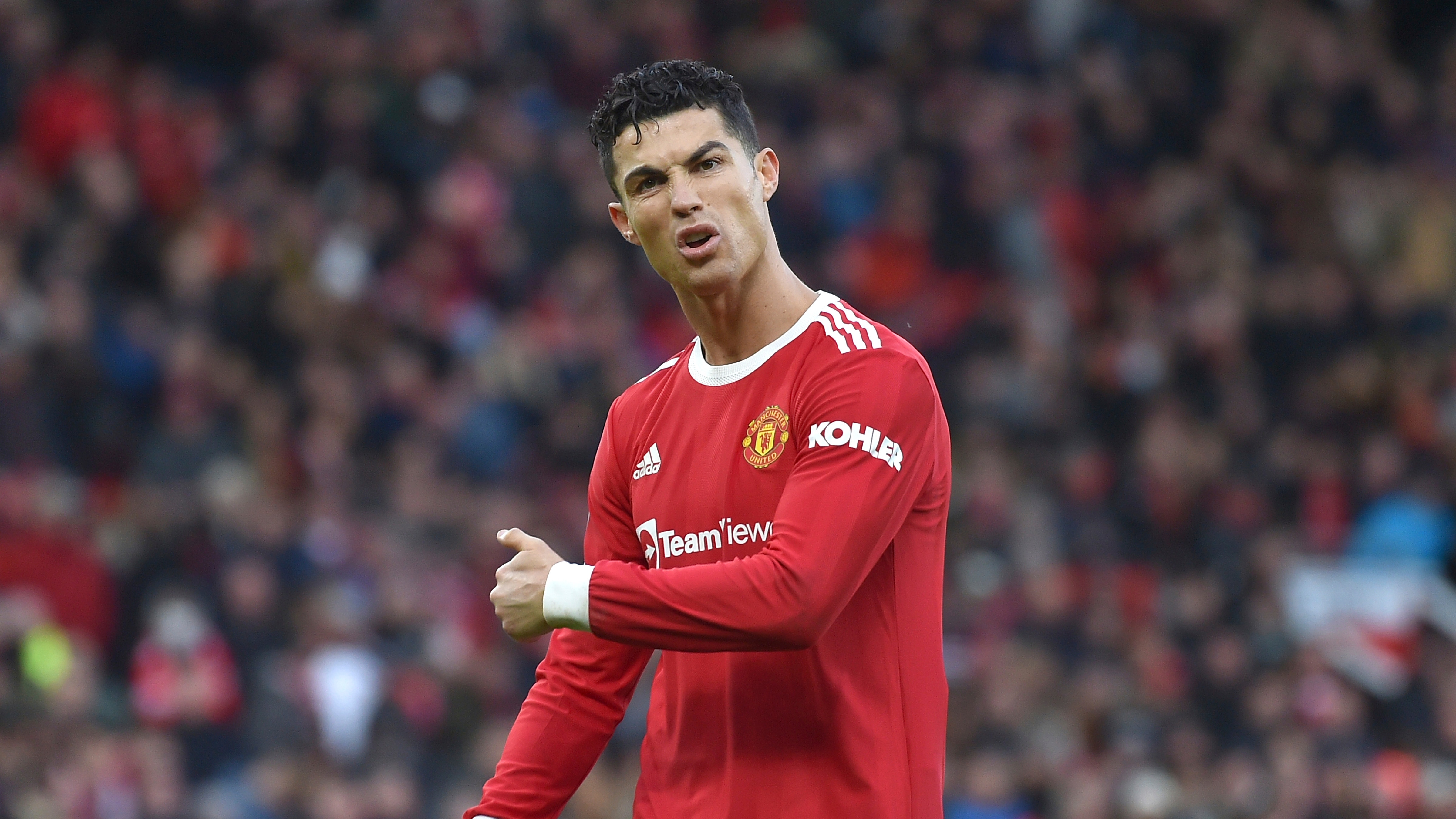 Manchester United's Cristiano Ronaldo during the English Premier League soccer match between Manchester United and Watford at Old Trafford in Manchester, England, Saturday, Feb. 26, 2022. (AP Photo/Rui Vieira)