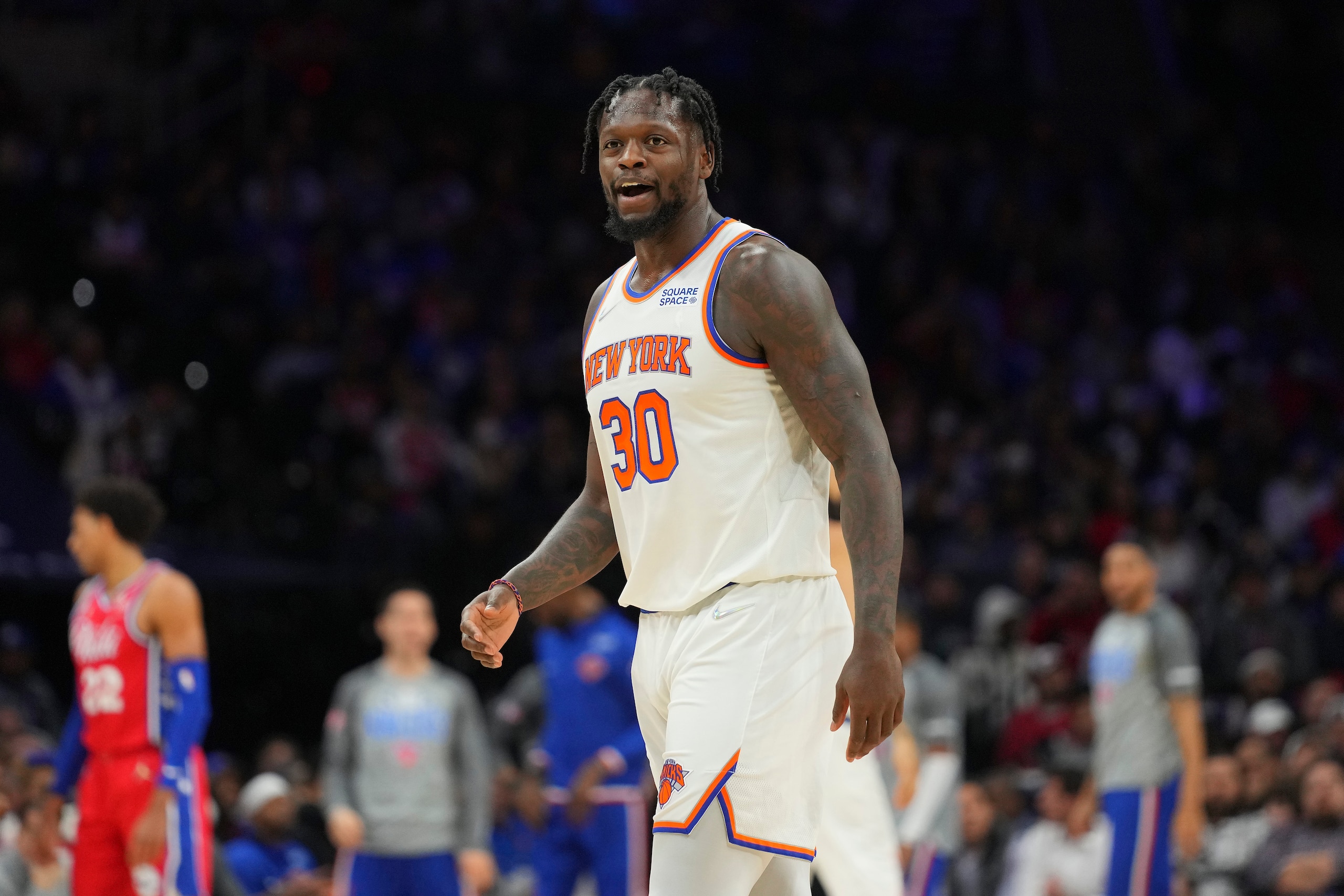 PHILADELPHIA, PA - MARCH 02: Julius Randle #30 of the New York Knicks looks on against the Philadelphia 76ers at the Wells Fargo Center on March 2, 2022 in Philadelphia, Pennsylvania. The 76ers defeated the Knicks 123-108. NOTE TO USER: User expressly acknowledges and agrees that, by downloading and or using this photograph, User is consenting to the terms and conditions of the Getty Images License Agreement. (Photo by Mitchell Leff/Getty Images)