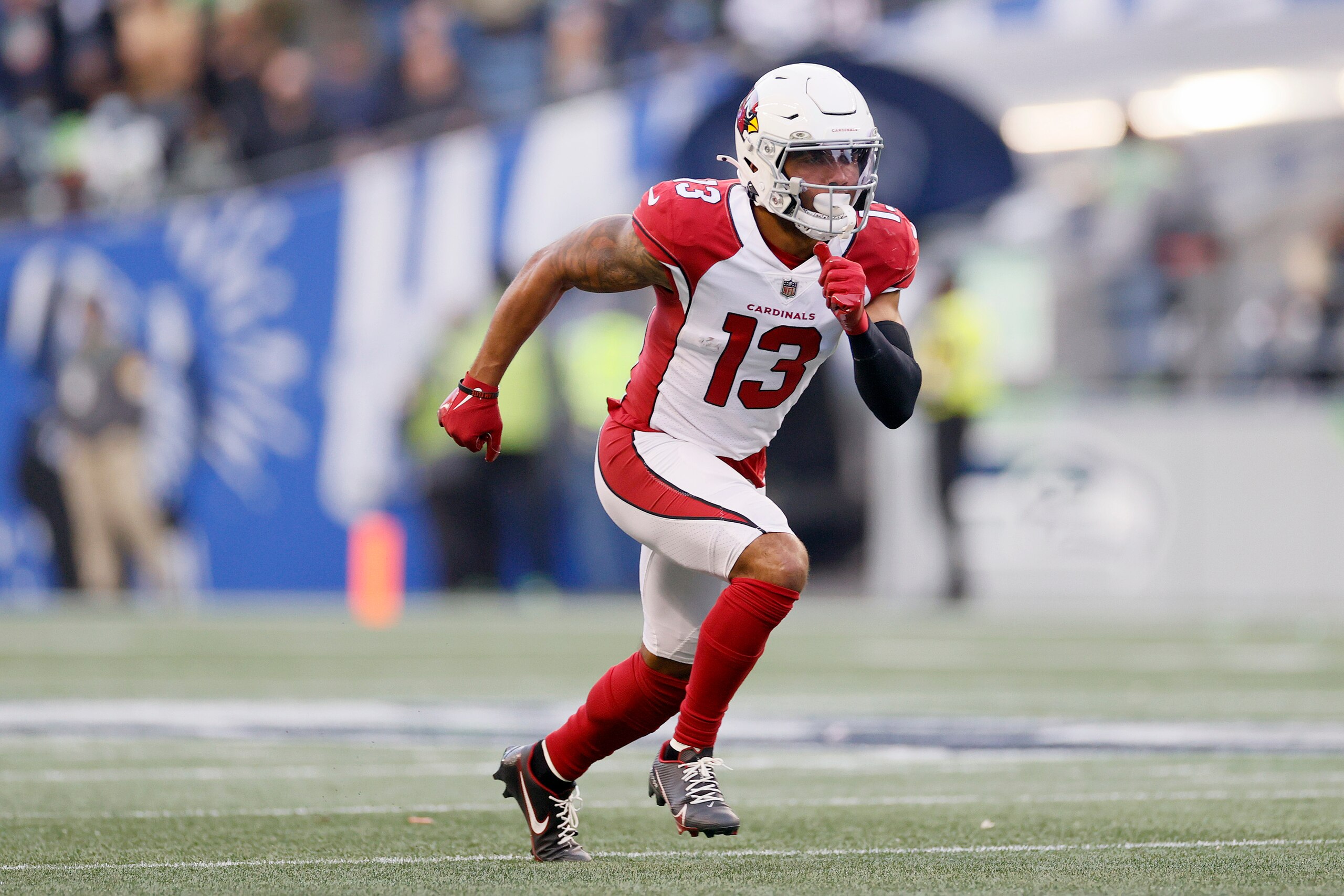 SEATTLE, WASHINGTON - NOVEMBER 21: Christian Kirk #13 of the Arizona Cardinals in action against the Seattle Seahawks during the second half at Lumen Field on November 21, 2021 in Seattle, Washington. (Photo by Steph Chambers/Getty Images)