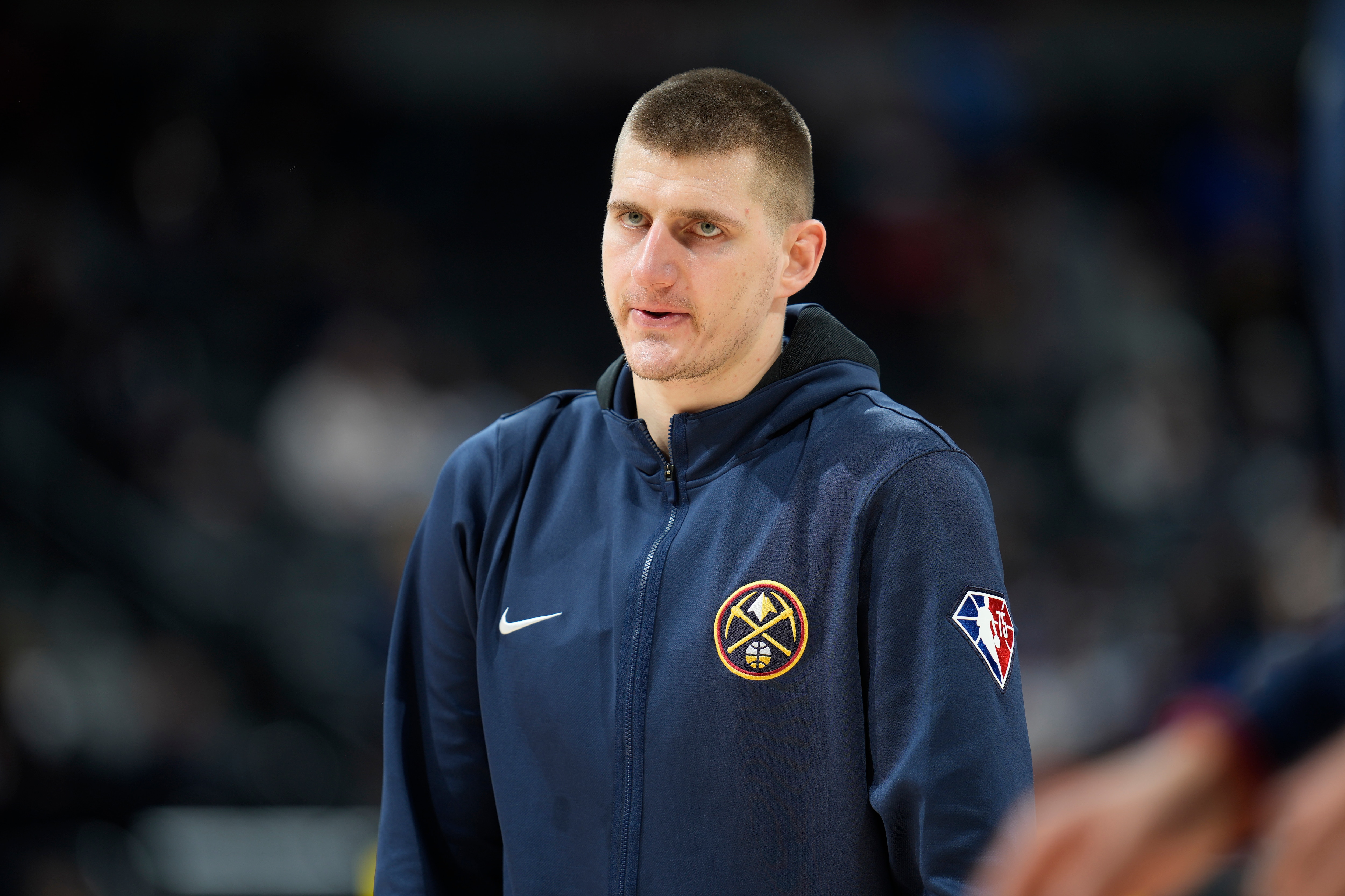 Denver Nuggets center Nikola Jokic (15) in the second half of an NBA basketball game Wednesday, March 2, 2022, in Denver. The Thunder won 119-107. (AP Photo/David Zalubowski)