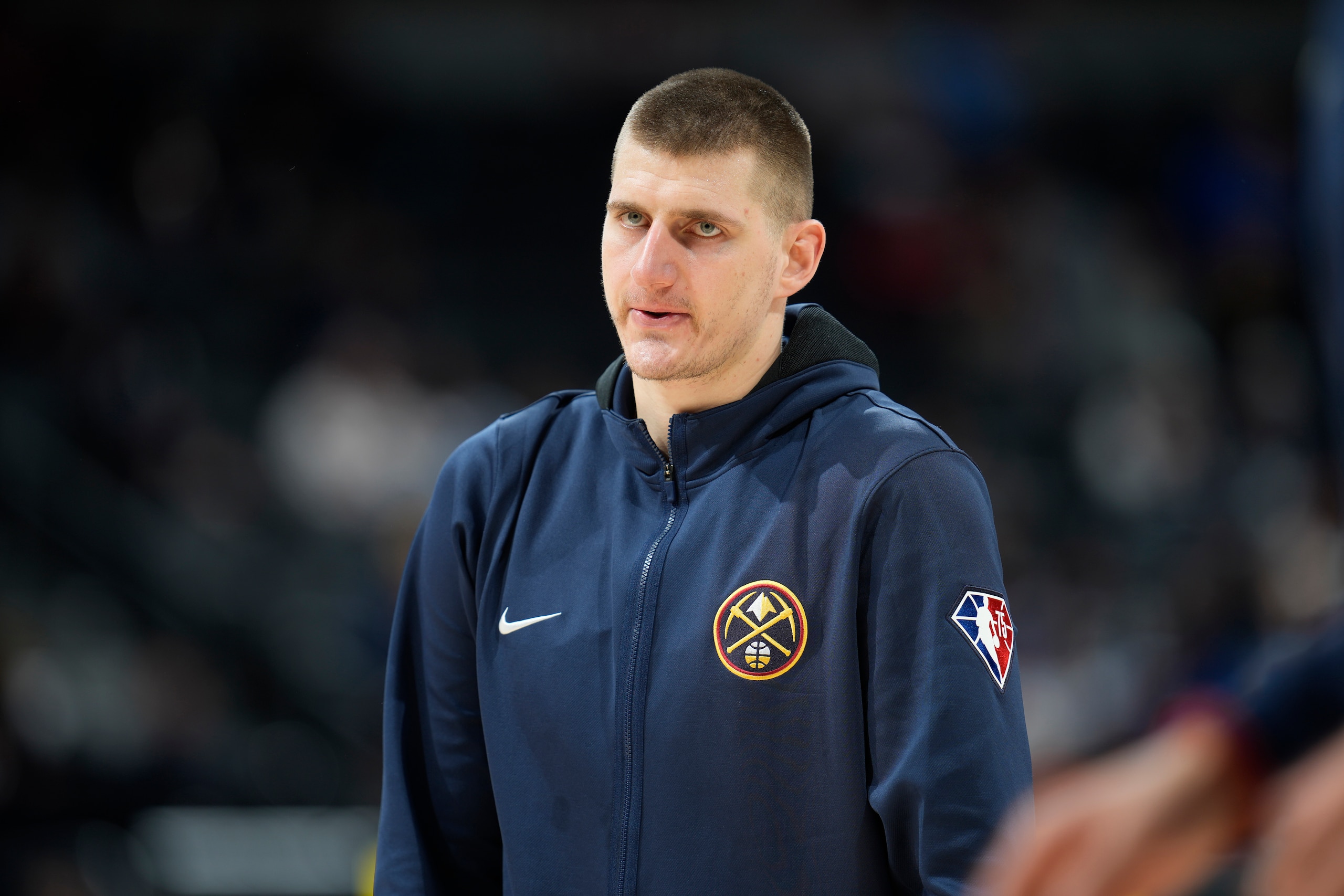 Denver Nuggets center Nikola Jokic (15) in the second half of an NBA basketball game Wednesday, March 2, 2022, in Denver. The Thunder won 119-107. (AP Photo/David Zalubowski)