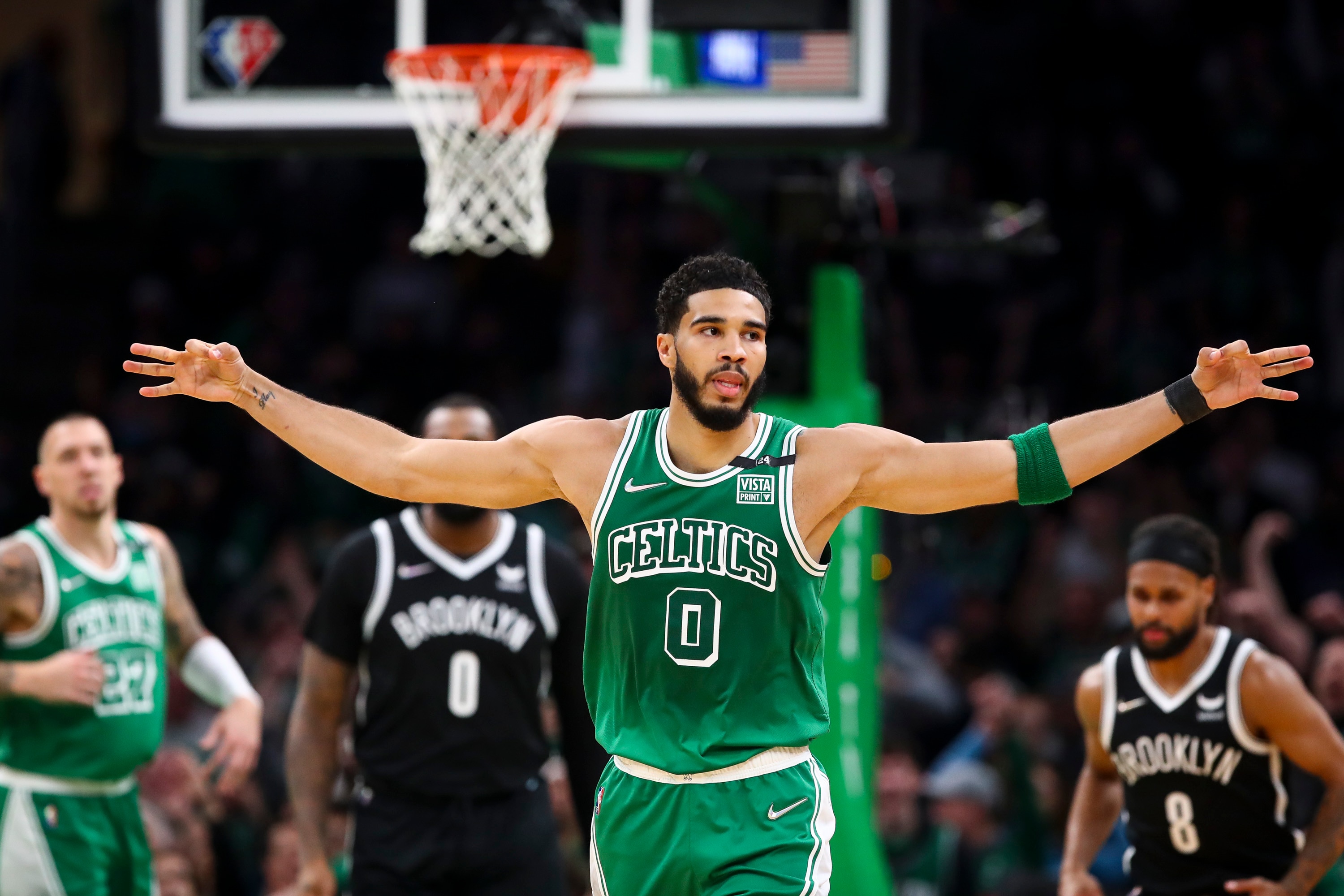 BOSTON, MA - MARCH 06  Jayson Tatum #0 of the Boston Celtics reacts after hitting a three-point basket during a game against the Brooklyn Nets at TD Garden on March 6, 2022 in Boston, Massachusetts. NOTE TO USER: User expressly acknowledges and agrees that, by downloading and or using this photograph, User is consenting to the terms and conditions of the Getty Images License Agreement. (Photo by Adam Glanzman/Getty Images)
