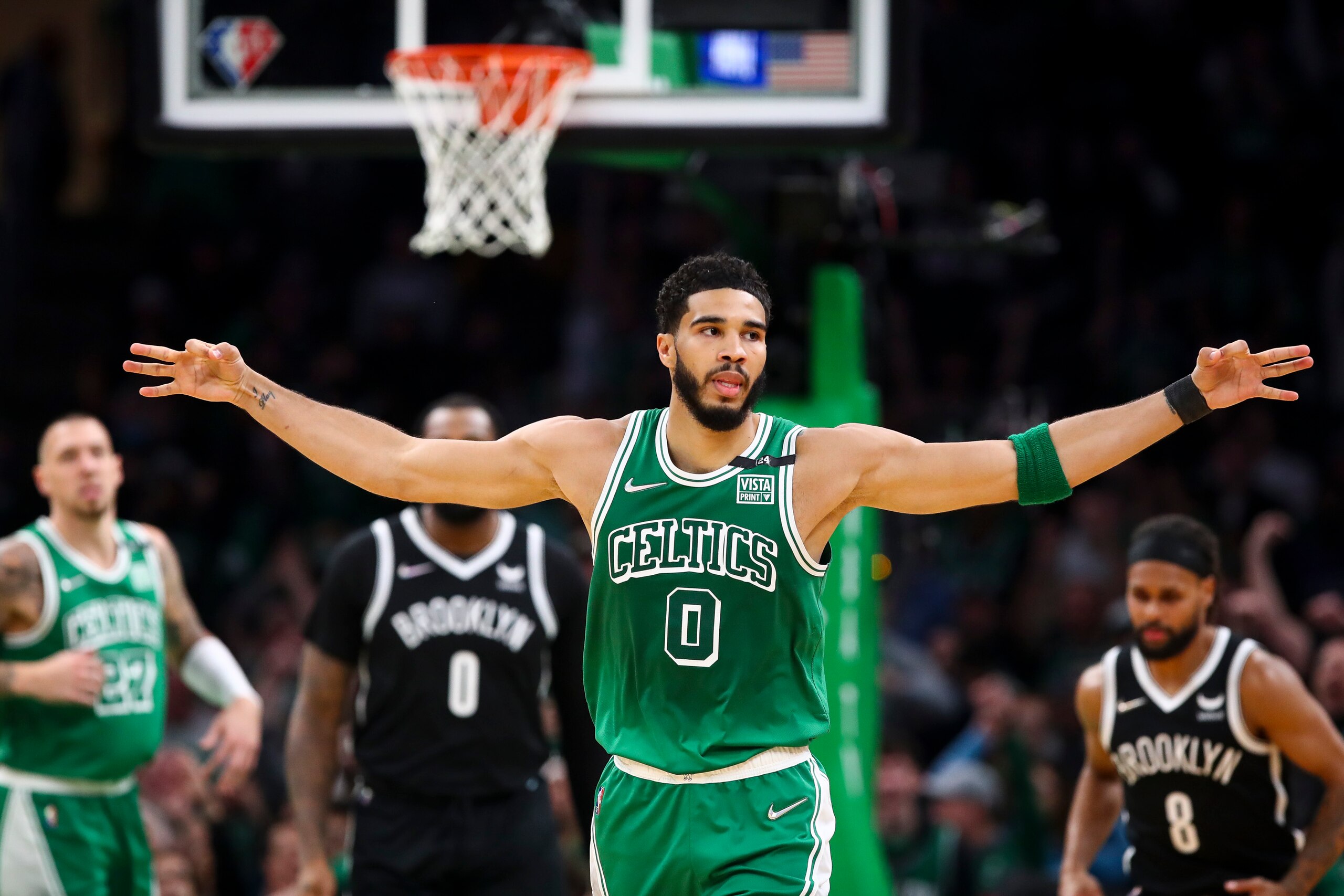 BOSTON, MA - MARCH 06  Jayson Tatum #0 of the Boston Celtics reacts after hitting a three-point basket during a game against the Brooklyn Nets at TD Garden on March 6, 2022 in Boston, Massachusetts. NOTE TO USER: User expressly acknowledges and agrees that, by downloading and or using this photograph, User is consenting to the terms and conditions of the Getty Images License Agreement. (Photo by Adam Glanzman/Getty Images)