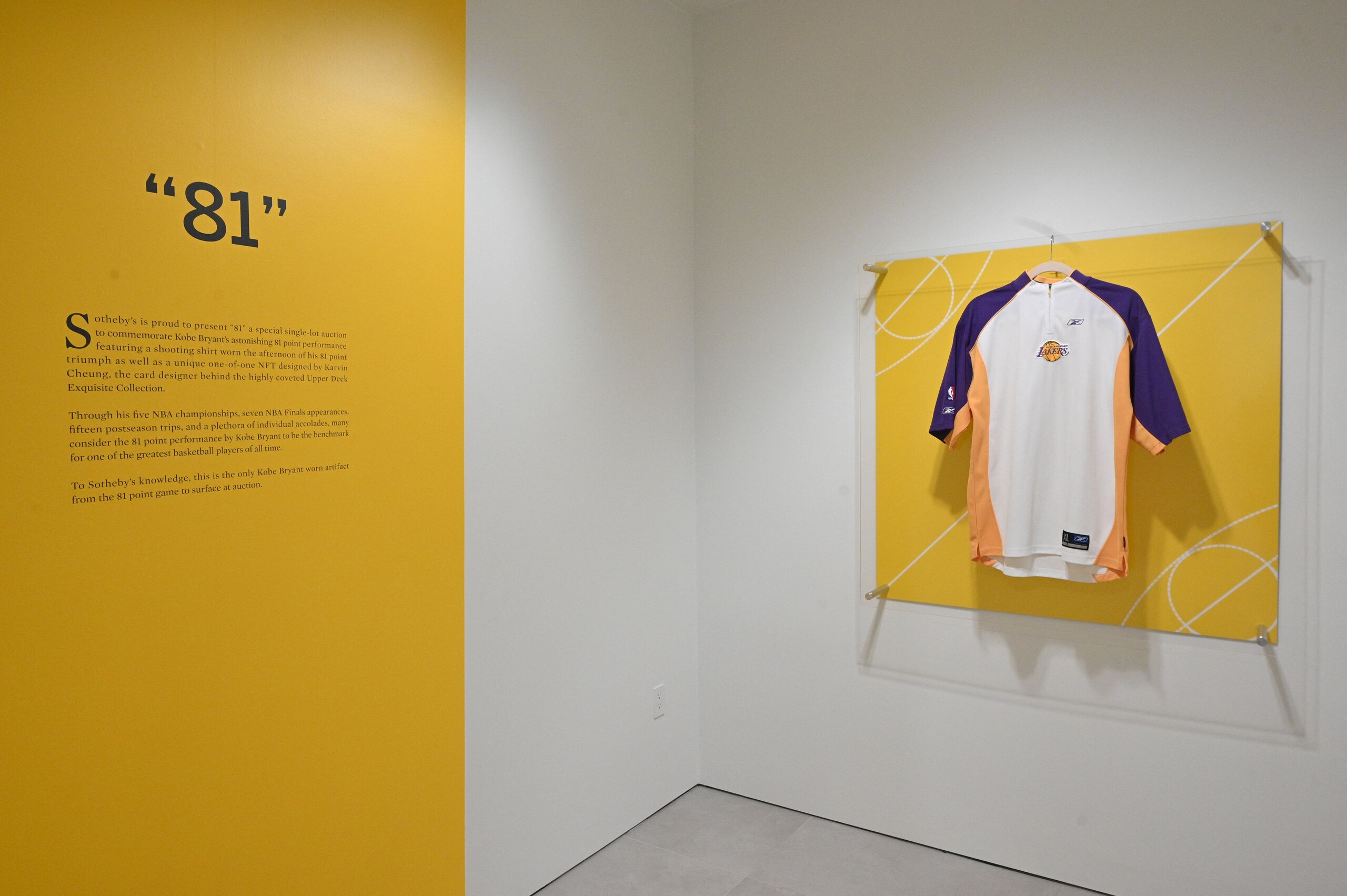 US basketball icon Kobe Bryant's Los Angeles Lakers shooting shirt from his legendary 2006 81-point game against the Toronto Raptors is displayed during a special single-lot auction at Sotheby's in Beverly Hills, California, February 15, 2022. - Bidding opens at USD $200,000 for the shooting shirt, the only worn memorabilia from the 2006 game against the Raptors that has ever been offered at public auction.  The sale, which concludes on February 22, 2022, comes the heels of a surge in the sports collectibles market  including the sale of Bryants game worn rookie season jersey that sold last year for $3.7 million, the record sale price for a item of Kobe Bryant memorabilia. (Photo by Robyn Beck / AFP) (Photo by ROBYN BECK/AFP via Getty Images)