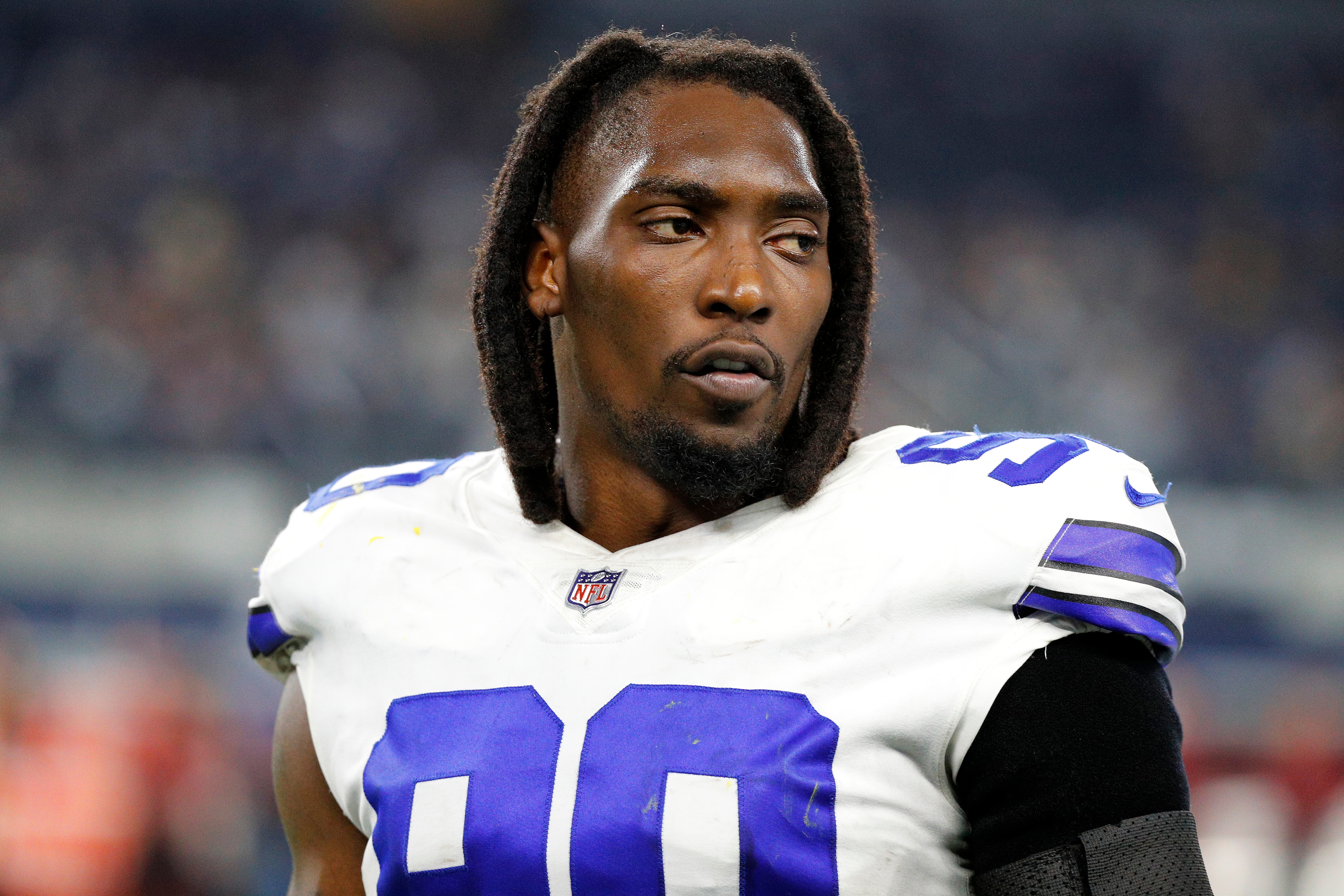 ARLINGTON, TEXAS - DECEMBER 26: Demarcus Lawrence #90 of the Dallas Cowboys looks on during the fourth quarter against the Washington Football Team at AT&T Stadium on December 26, 2021 in Arlington, Texas. (Photo by Richard Rodriguez/Getty Images) ARLINGTON, TEXAS - DECEMBER 26: Demarcus Lawrence #90 of the Dallas Cowboys looks on during the fourth quarter against the Washington Football Team at AT&T Stadium on December 26, 2021 in Arlington, Texas. (Photo by Richard Rodriguez/Getty Images)