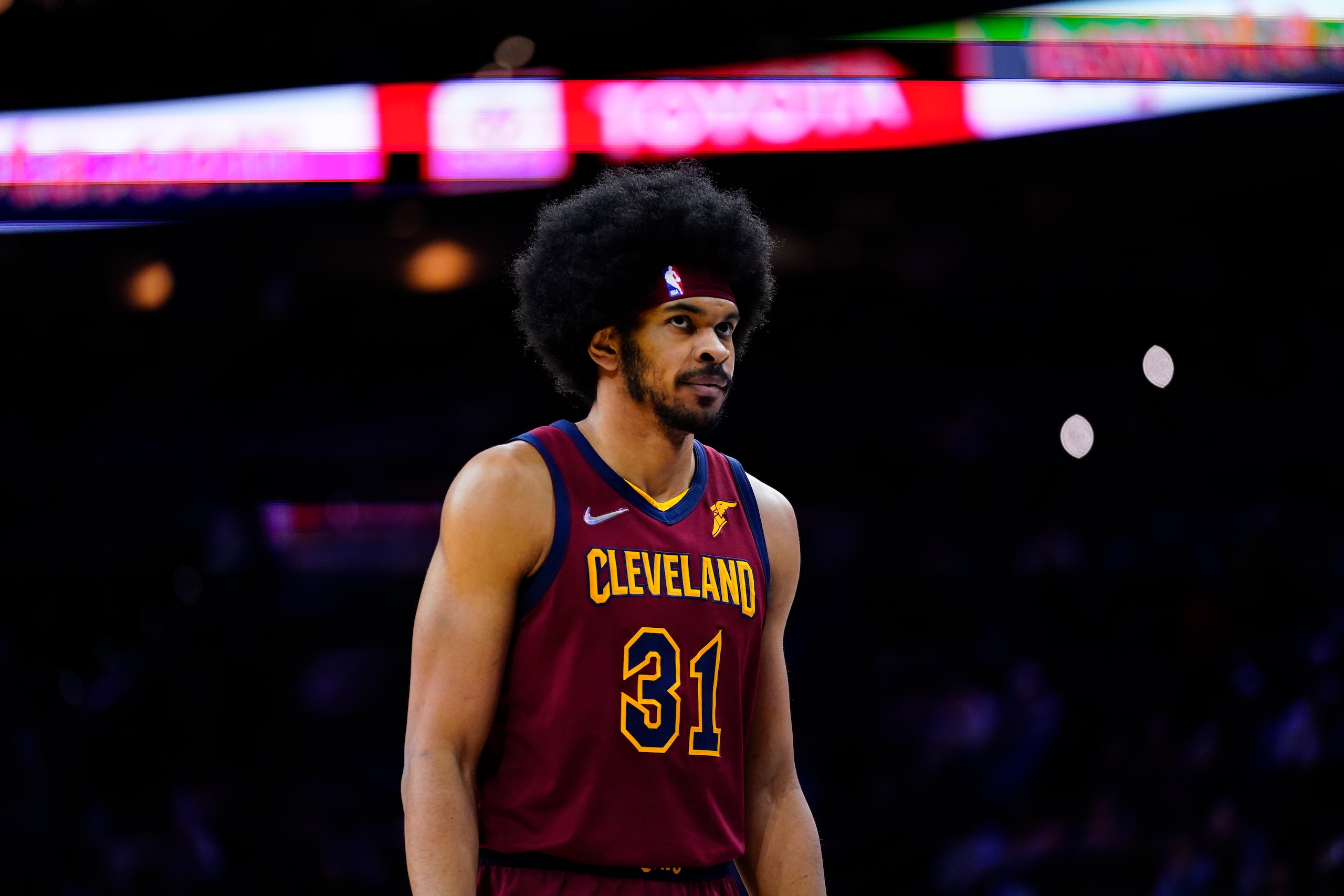Cleveland Cavaliers' Jarrett Allen plays during an NBA basketball game, Friday, March 4, 2022, in Philadelphia. (AP Photo/Matt Slocum)