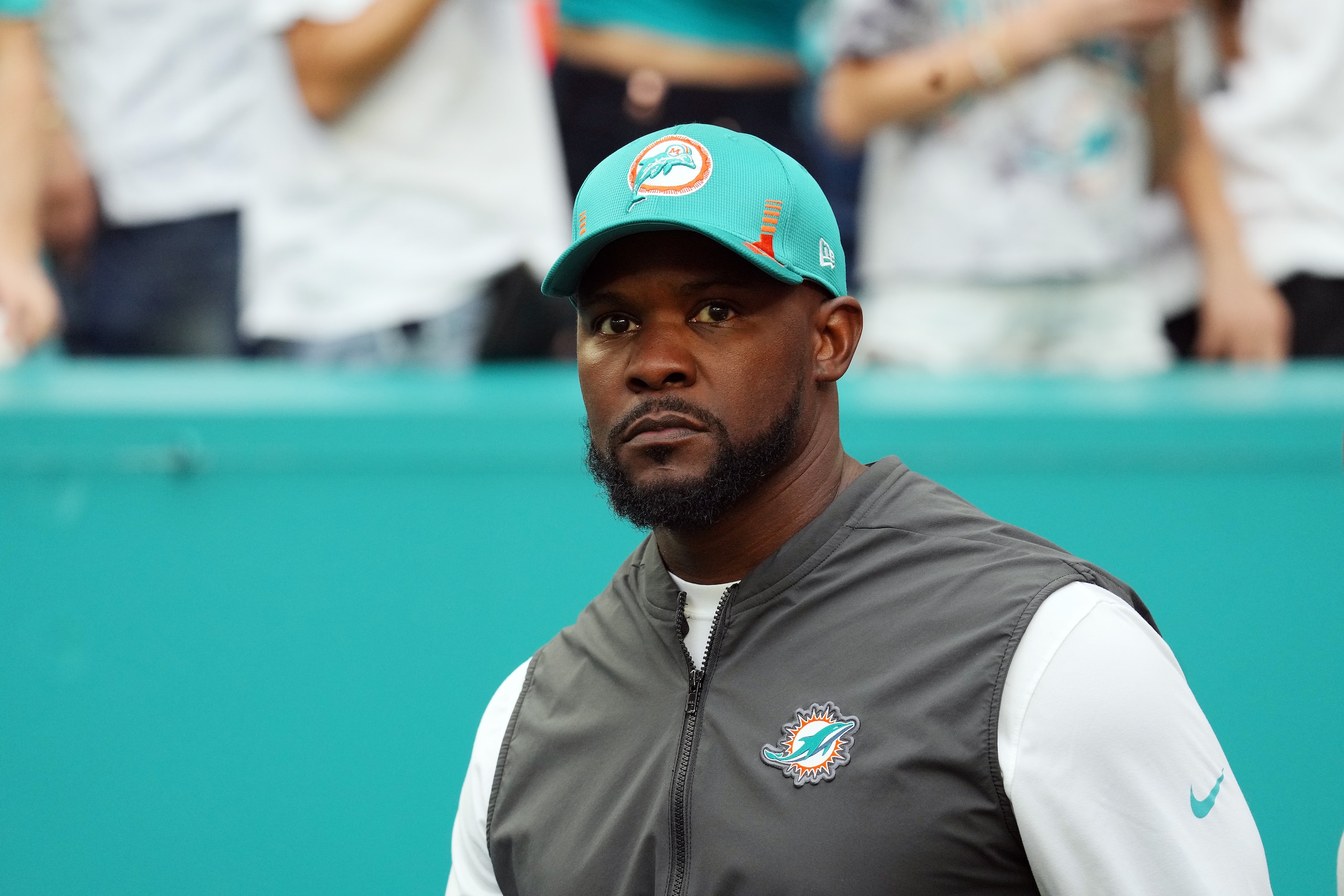 MIAMI GARDENS, FLORIDA - JANUARY 09: Head coach Brian Flores of the Miami Dolphins takes the field during introductions prior to the game against the New England Patriots at Hard Rock Stadium on January 09, 2022 in Miami Gardens, Florida. (Photo by Mark Brown/Getty Images)