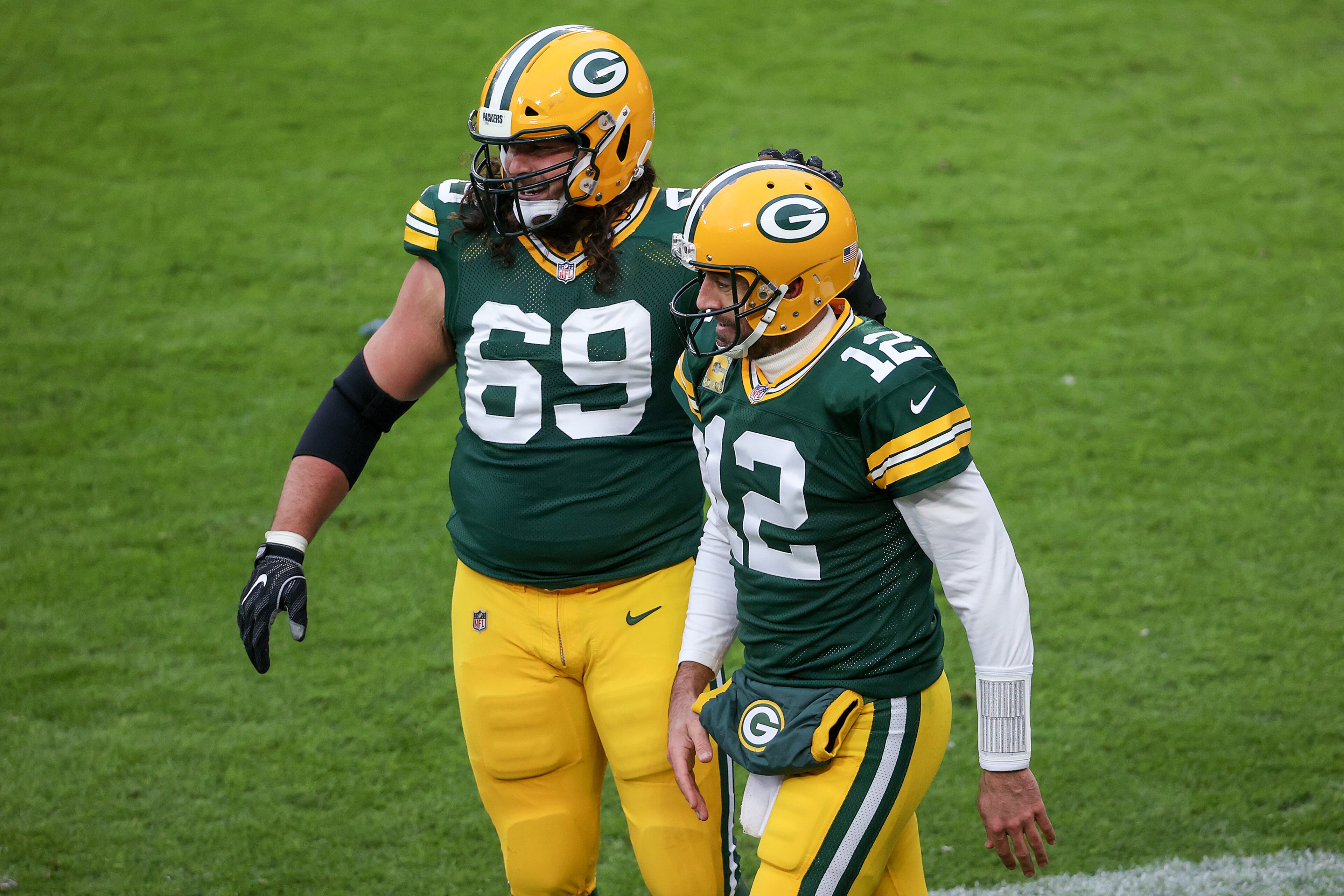 GREEN BAY, WISCONSIN - NOVEMBER 15: David Bakhtiari #69 and Aaron Rodgers #12 of the Green Bay Packers celebrate after scoring a touchdown in the second quarter against the Jacksonville Jaguars at Lambeau Field on November 15, 2020 in Green Bay, Wisconsin. (Photo by Dylan Buell/Getty Images) GREEN BAY, WISCONSIN - NOVEMBER 15: David Bakhtiari #69 and Aaron Rodgers #12 of the Green Bay Packers celebrate after scoring a touchdown in the second quarter against the Jacksonville Jaguars at Lambeau Field on November 15, 2020 in Green Bay, Wisconsin. (Photo by Dylan Buell/Getty Images)