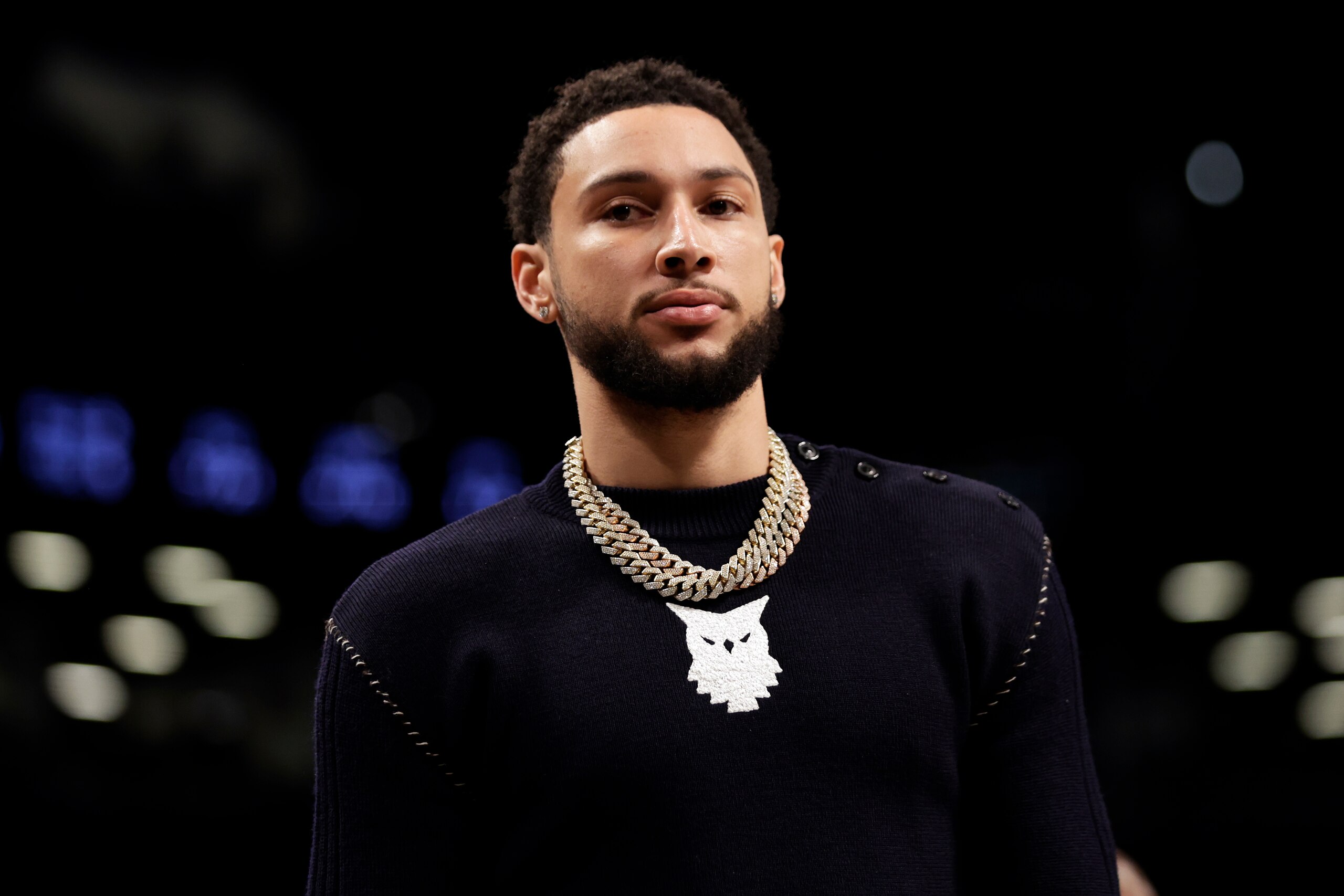 NEW YORK, NEW YORK - FEBRUARY 24: Ben Simmons #10 of the Brooklyn Nets looks on during the first half against the Boston Celtics at Barclays Center on February 24, 2022 in New York City. NOTE TO USER: User expressly acknowledges and agrees that, by downloading and or using this Photograph, user is consenting to the terms and conditions of the Getty Images License Agreement. (Photo by Adam Hunger/Getty Images) NEW YORK, NEW YORK - FEBRUARY 24: Ben Simmons #10 of the Brooklyn Nets looks on during the first half against the Boston Celtics at Barclays Center on February 24, 2022 in New York City. NOTE TO USER: User expressly acknowledges and agrees that, by downloading and or using this Photograph, user is consenting to the terms and conditions of the Getty Images License Agreement. (Photo by Adam Hunger/Getty Images)