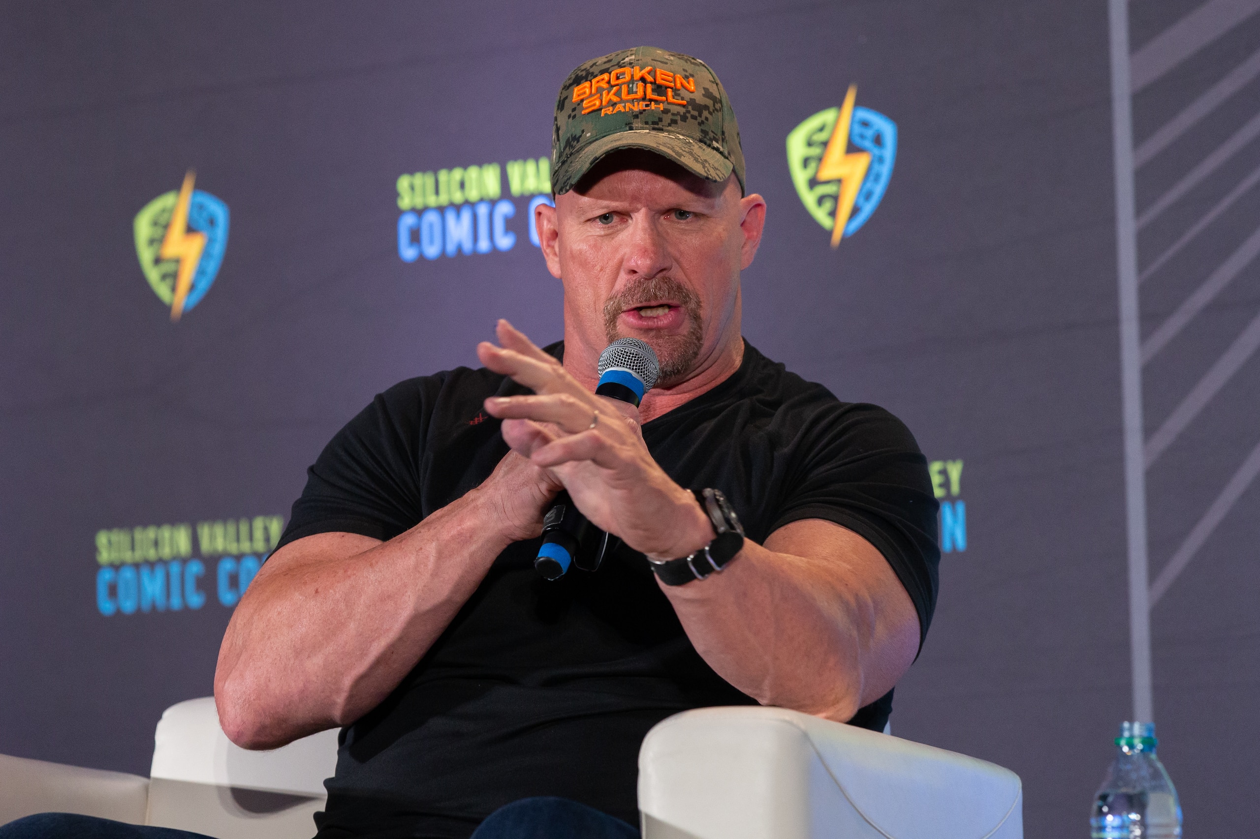 SAN JOSE, CALIFORNIA - AUGUST 17: Actor and WWE personality "Stone Cold" Steve Austin speaks at Silicon Valley Comic Con at the San Jose Convention Center on August 17, 2019 in San Jose, California. (Photo by Bill Watters/Getty Images)