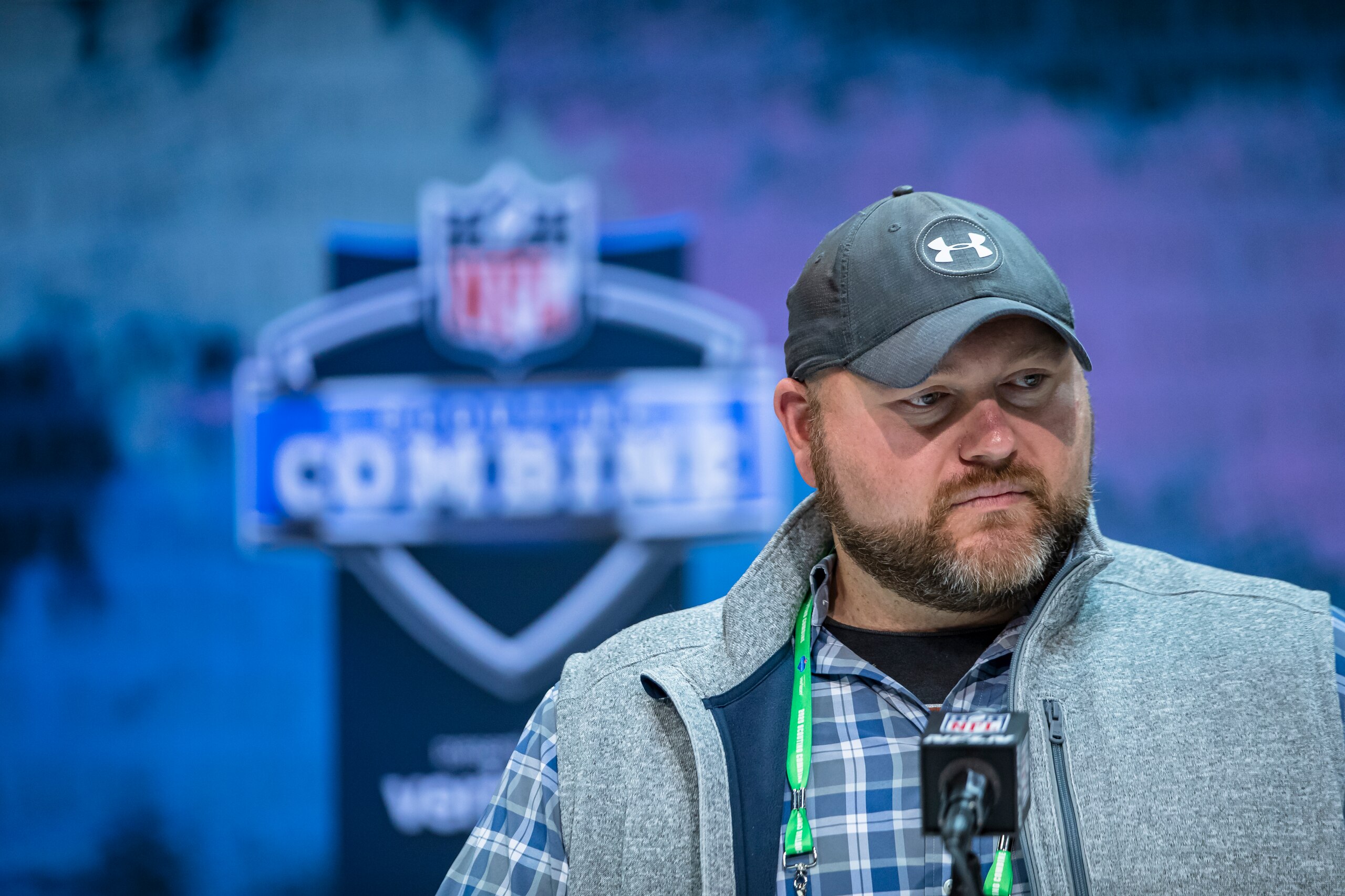 INDIANAPOLIS, IN - FEBRUARY 25: General manager Joe Douglas of the New York Jets speaks to the media at the Indiana Convention Center on February 25, 2020 in Indianapolis, Indiana. (Photo by Michael Hickey/Getty Images) *** Local Capture *** Joe Douglas