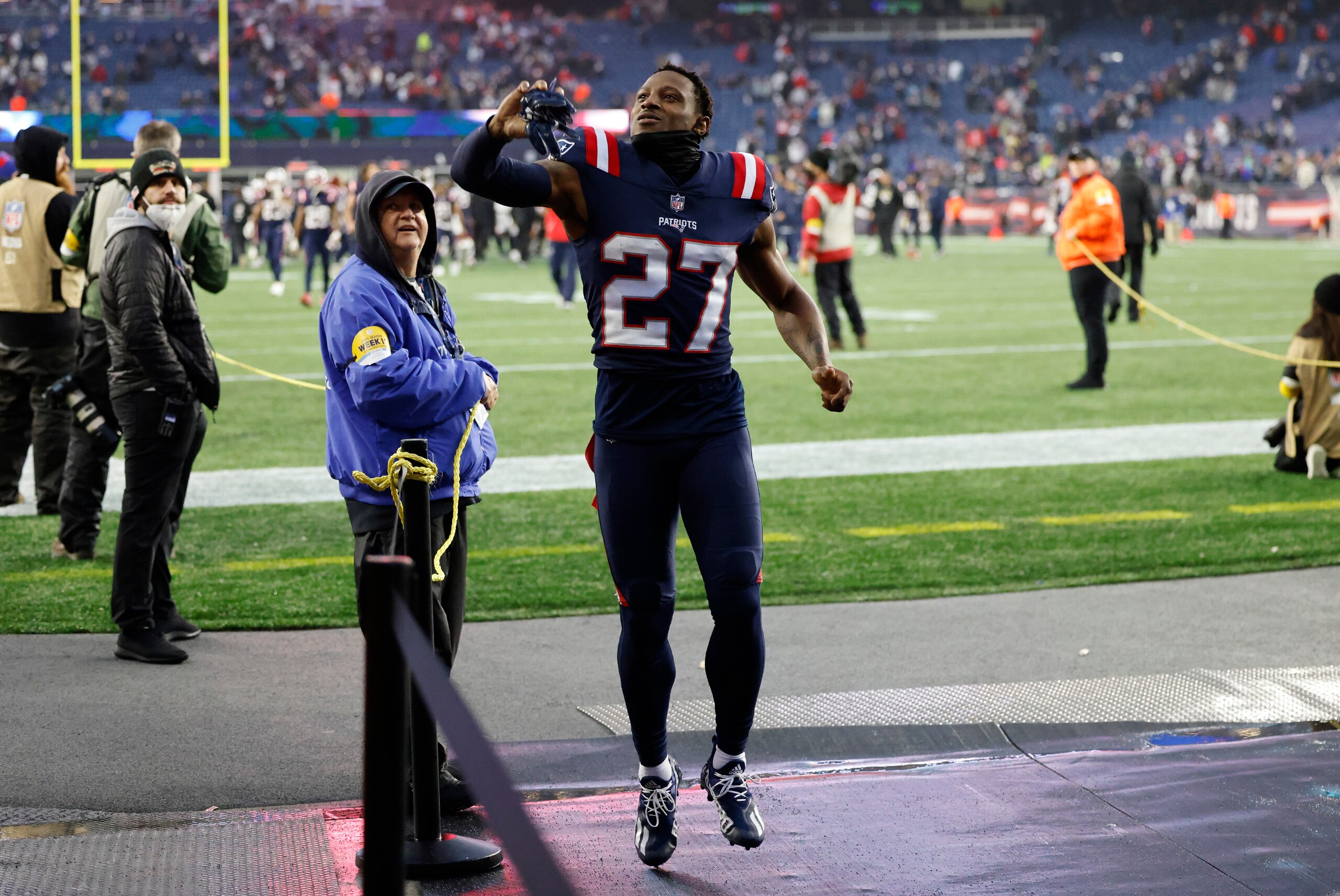 FOXBOROUGH, MA - JANUARY 02: New England Patriots defensive back J.C. Jackson (27) after a game between the New England Patriots and the Jacksonville Jaguars on January 2, 2022, at Gillette Stadium in Foxborough, Massachusetts. (Photo by Fred Kfoury III/Icon Sportswire via Getty Images)