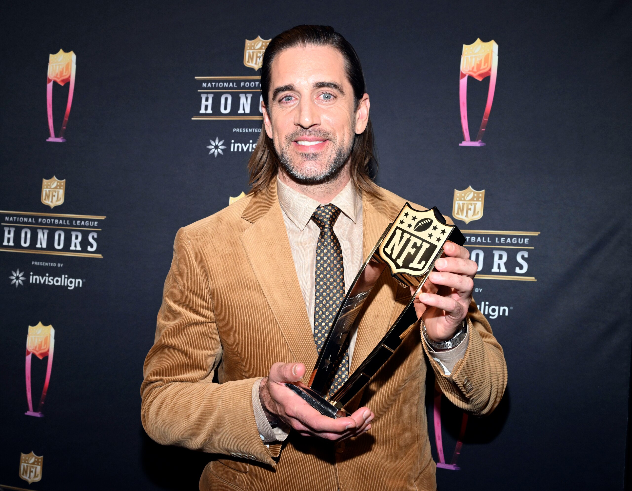 Green Bay Packers Aaron Rodgers poses with the AP Most Valuable Player trophy during the NFL Honors, Thursday, Feb. 10, 2022 in Los Angeles. (Dan Steinberg/AP Images for NFL)
