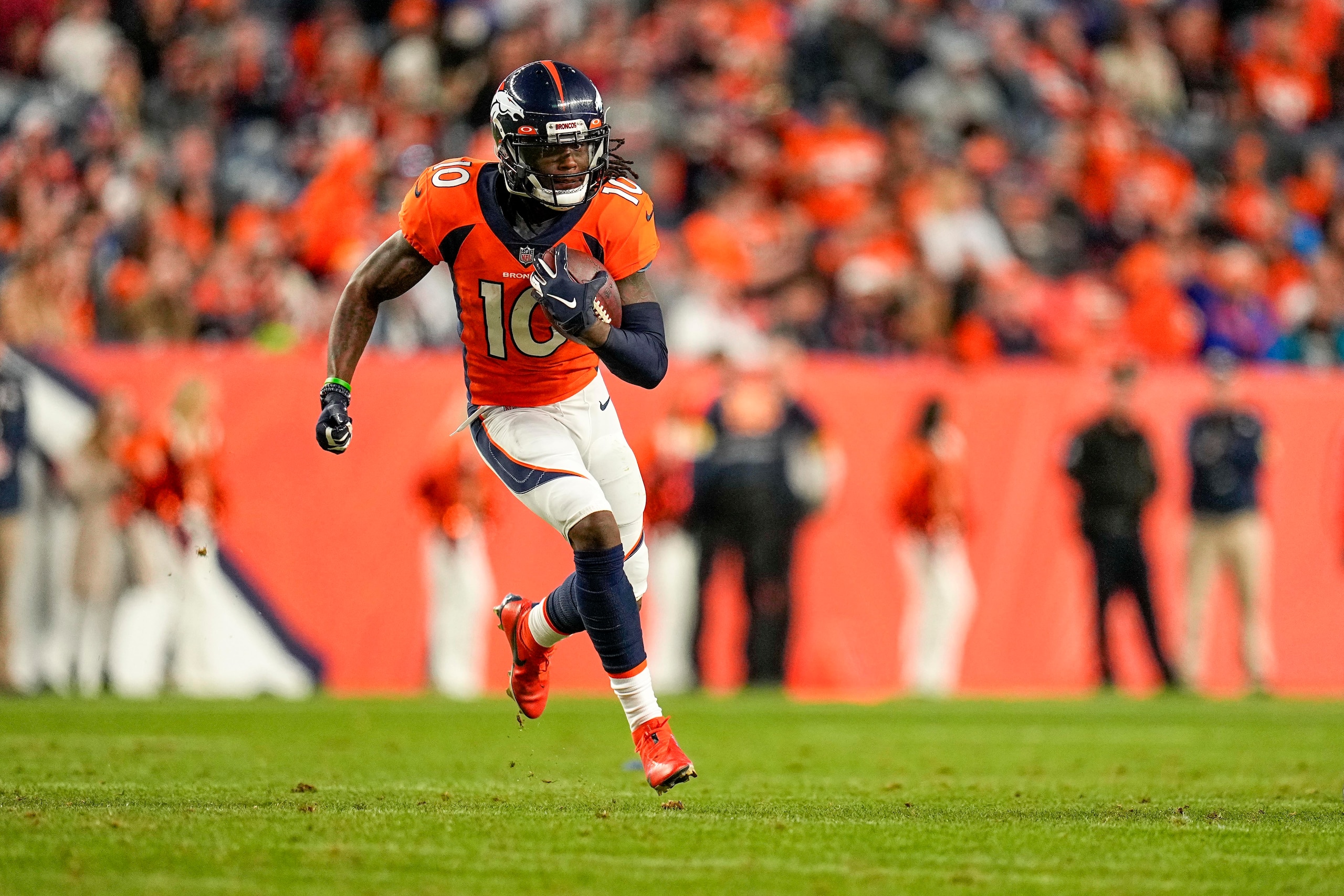Denver Broncos wide receiver Jerry Jeudy (10) runs against the Detroit Lions during an NFL football game Sunday, Dec. 12, 2021, in Denver. (AP Photo/Jack Dempsey)
