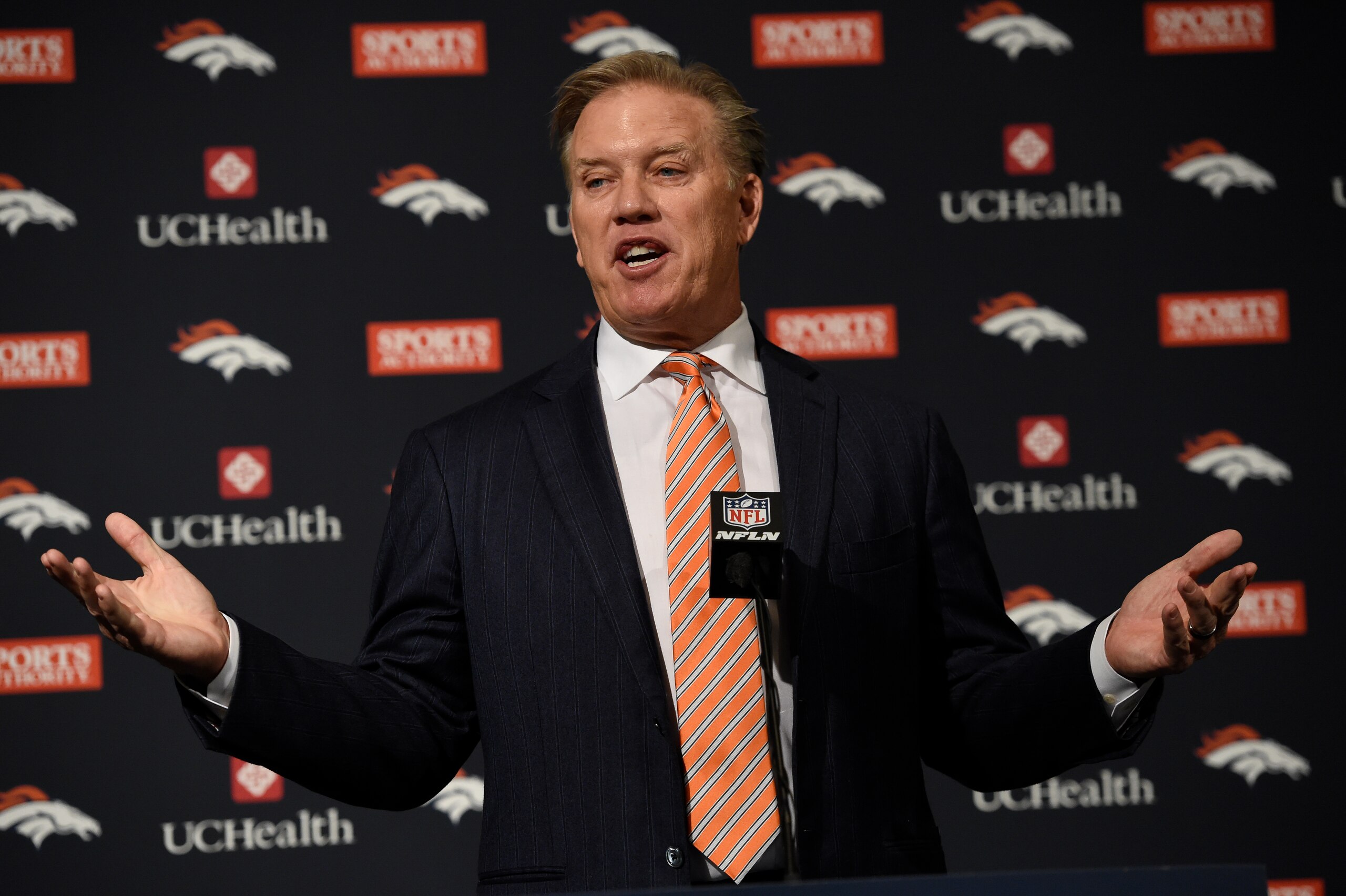 ENGLEWOOD, CO - MARCH 07:  Executive Vice President of Football Operations and General Manager John Elway talks about Peyton Manning career with the team. The Denver Broncos hold a press conference to announce the retirement of Denver Broncos quarterback Peyton Manning March 7, 2016 at UCHealth Training Center. (Photo By John Leyba/The Denver Post via Getty Images)