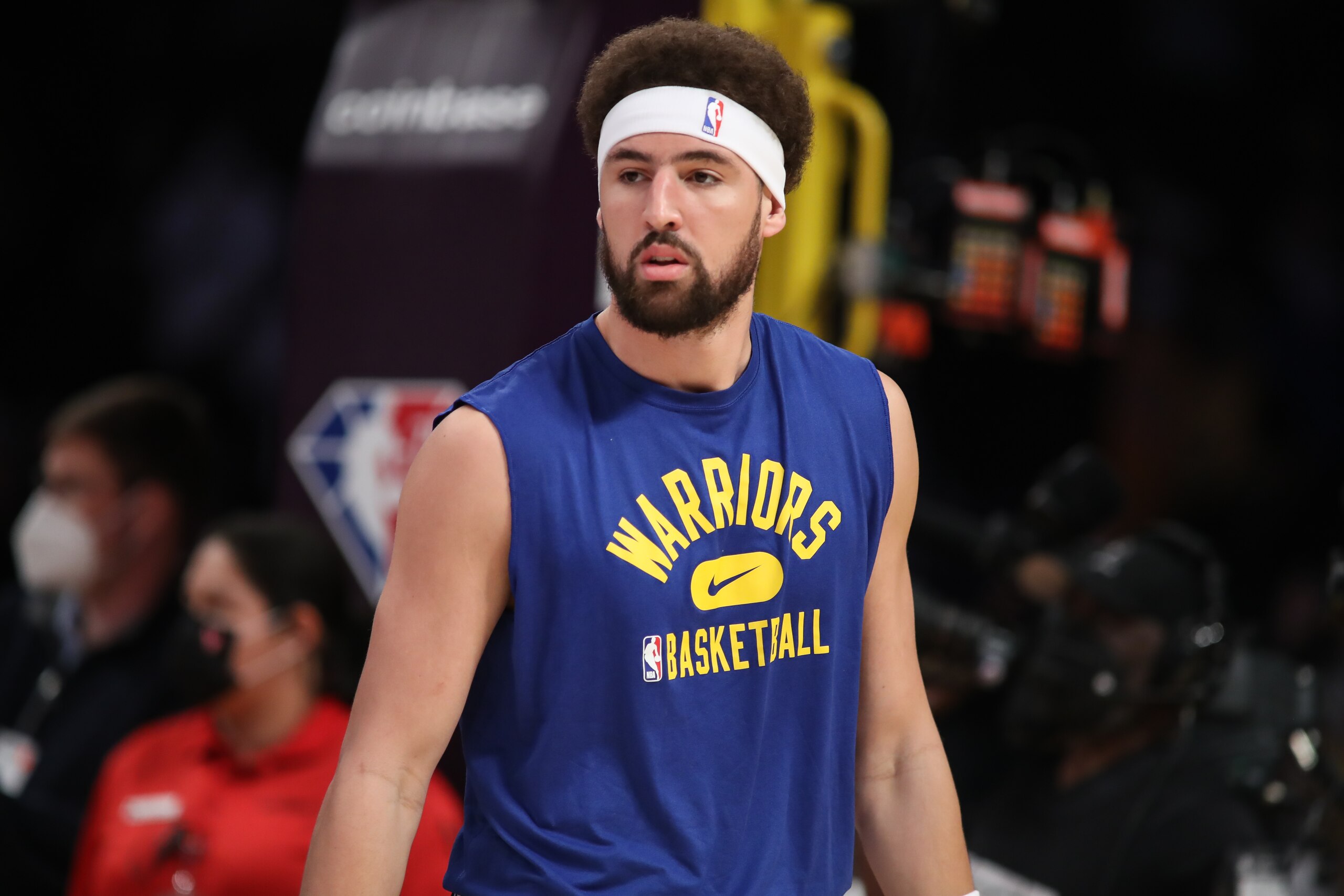 LOS ANGELES, CA - MARCH 05:Golden State Warriors guard Klay Thompson #11  before the Golden State Warriors vs Los Angeles Lakers game on Match 05, 2022, at Crypto.com Arena in Los Angeles, CA. (Photo by Jevone Moore/Icon Sportswire via Getty Images)