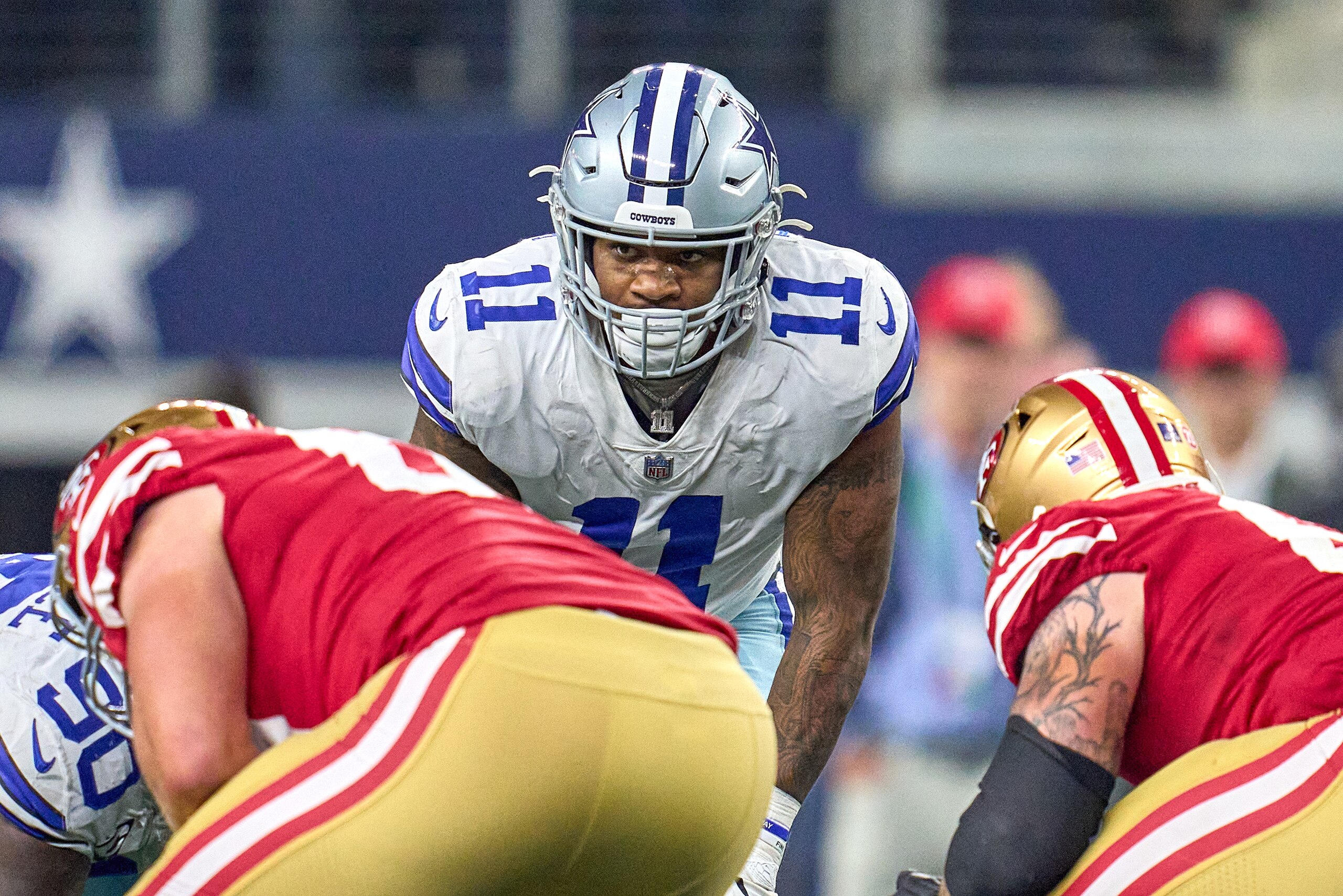ARLINGTON, TX - JANUARY 16: Dallas Cowboys outside linebacker Micah Parsons (11) looks on during the NFC Wild Card game between the San Francisco 49ers and the Dallas Cowboys on January 16, 2022 at AT&T Stadium in Arlington, TX. (Photo by Robin Alam/Icon Sportswire via Getty Images)