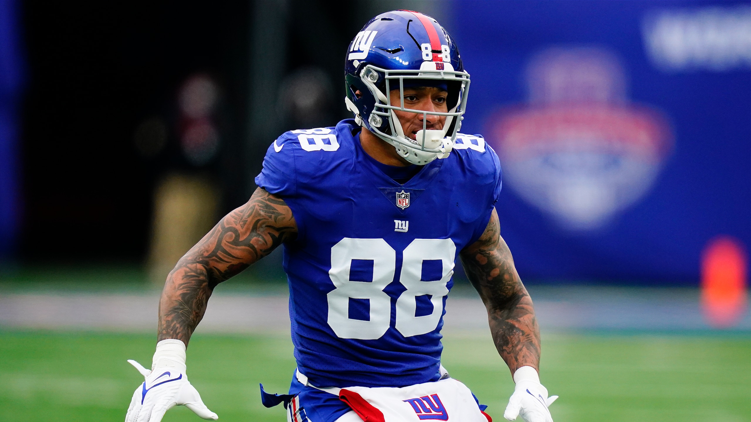 New York Giants tight end Evan Engram (88) during the first quarter of an NFL football game against the Washington Football Team, Sunday, Jan. 9, 2022, in East Rutherford, N.J. (AP Photo/Frank Franklin II)