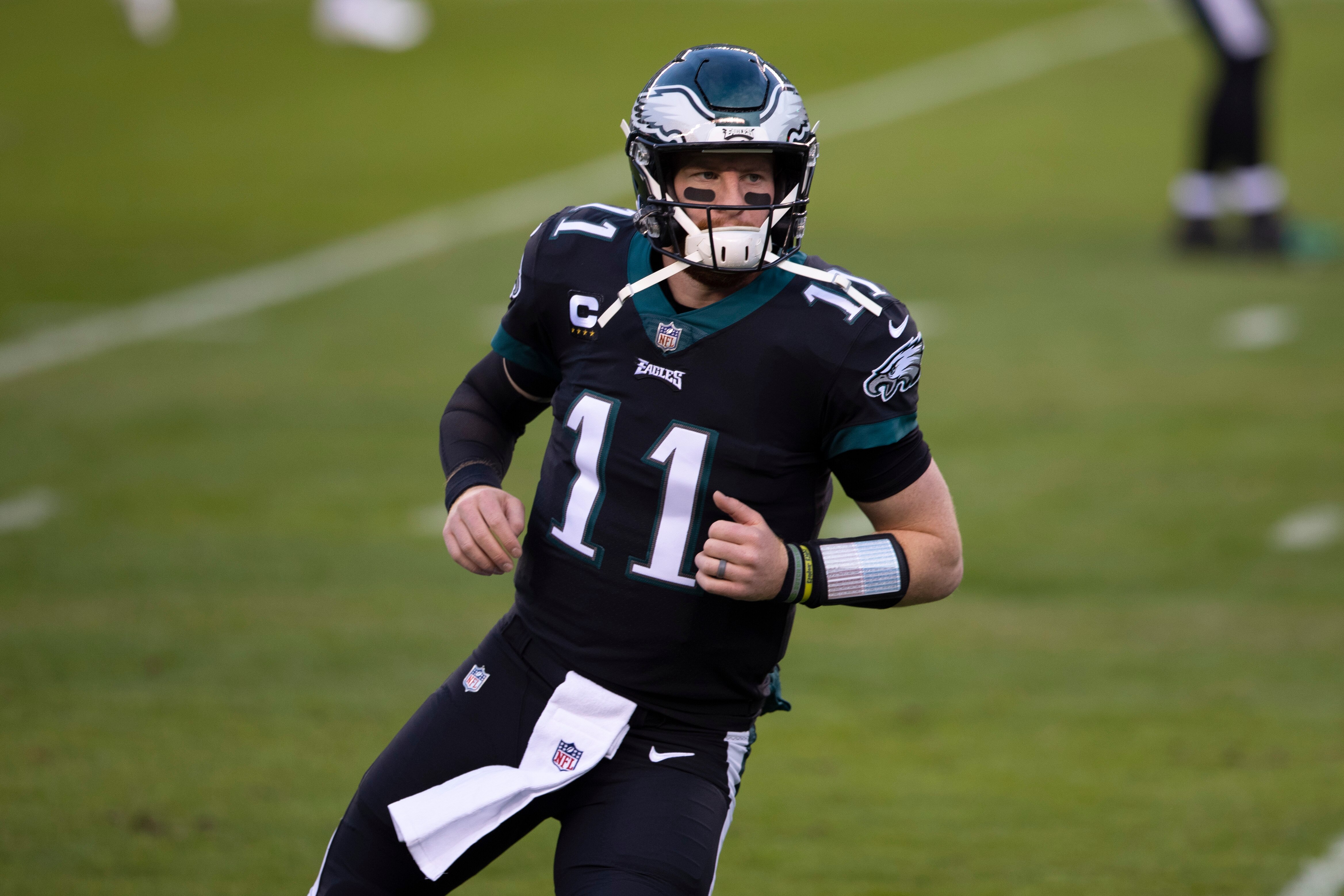 PHILADELPHIA, PA - DECEMBER 13: Carson Wentz #11 of the Philadelphia Eagles warms up prior to the game against the New Orleans Saints at Lincoln Financial Field on December 13, 2020 in Philadelphia, Pennsylvania. (Photo by Mitchell Leff/Getty Images)