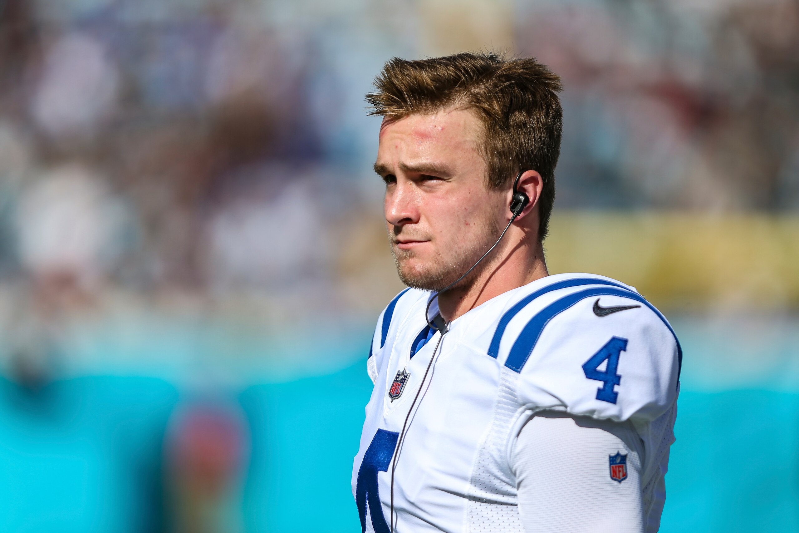 Indianapolis Colts quarterback Sam Ehlinger (4) on the sideline during the first half of an NFL football game against the Jacksonville Jaguars, Sunday, Jan. 9, 2022, in Jacksonville, Fla. The Jaguars defeated the Colts 26-11. (AP Photo/Gary McCullough)