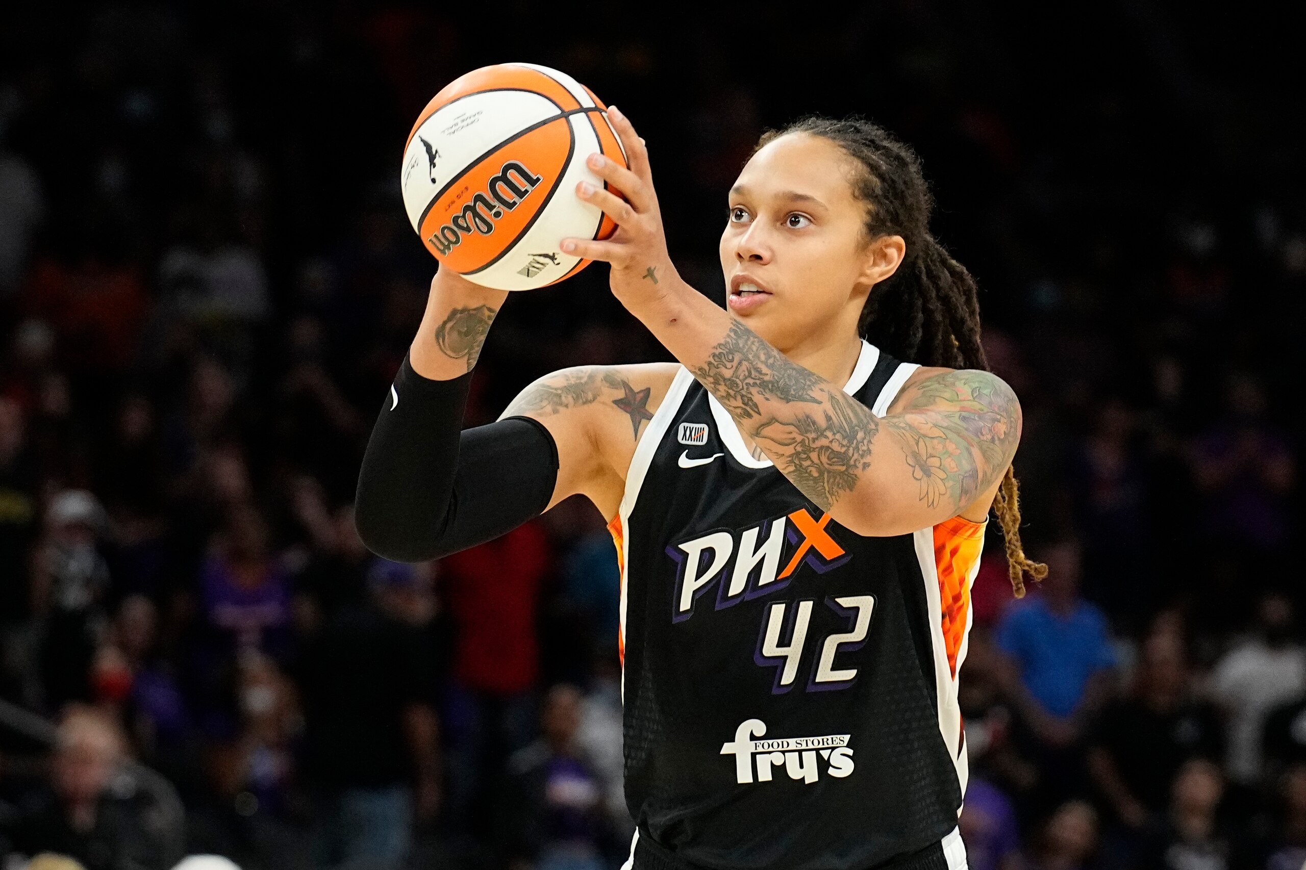 Phoenix Mercury center Brittney Griner (42) during the second half of Game 4 of a WNBA basketball playoff series against the Las Vegas Aces, Wednesday, Oct. 6, 2021, in Phoenix. Las Vegas won 93-76. (AP Photo/Rick Scuteri)