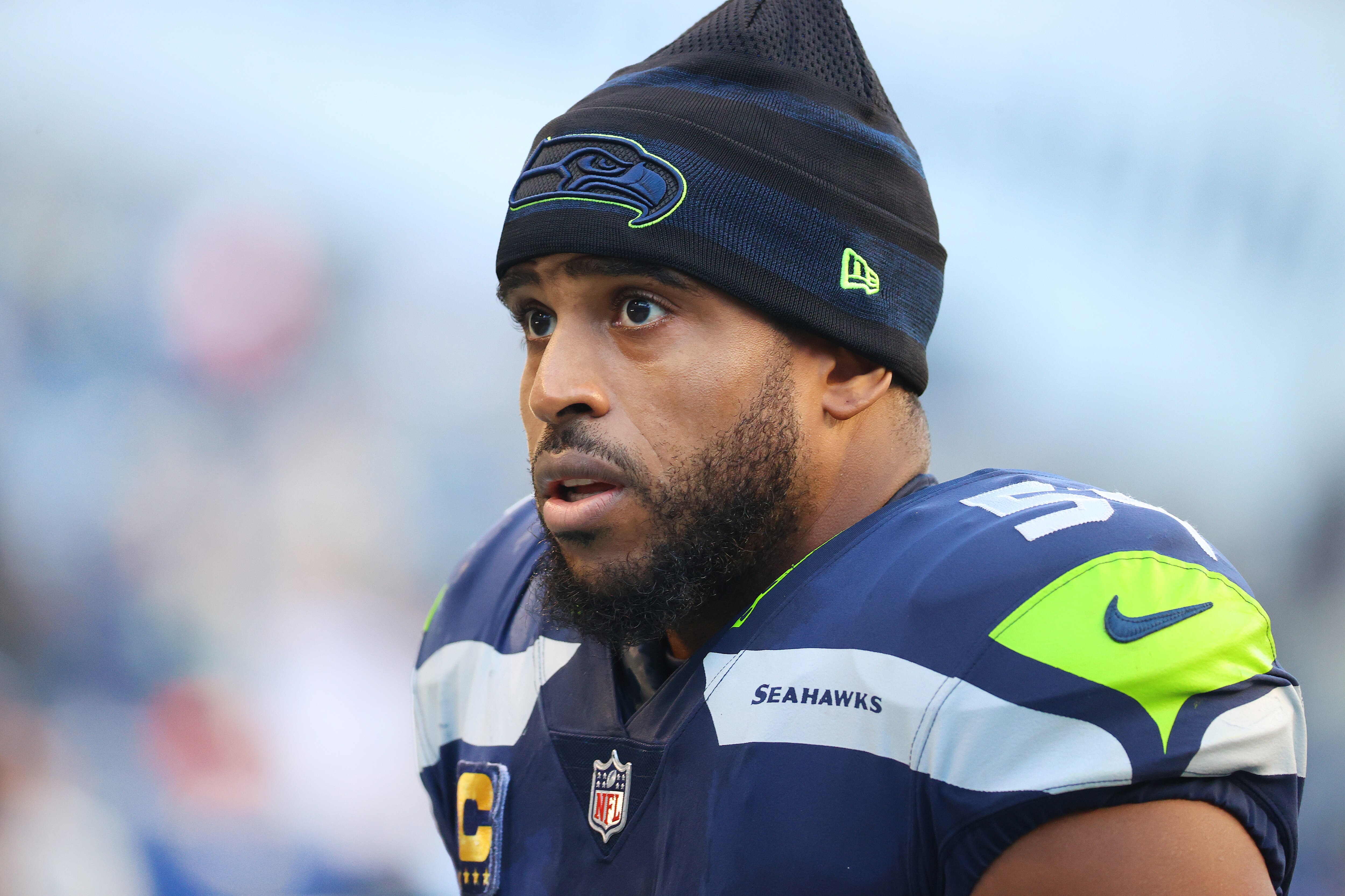 SEATTLE, WASHINGTON - OCTOBER 31: Bobby Wagner #54 of the Seattle Seahawks looks on after the 31-7 win against the Jacksonville Jaguars at Lumen Field on October 31, 2021 in Seattle, Washington. (Photo by Abbie Parr/Getty Images)