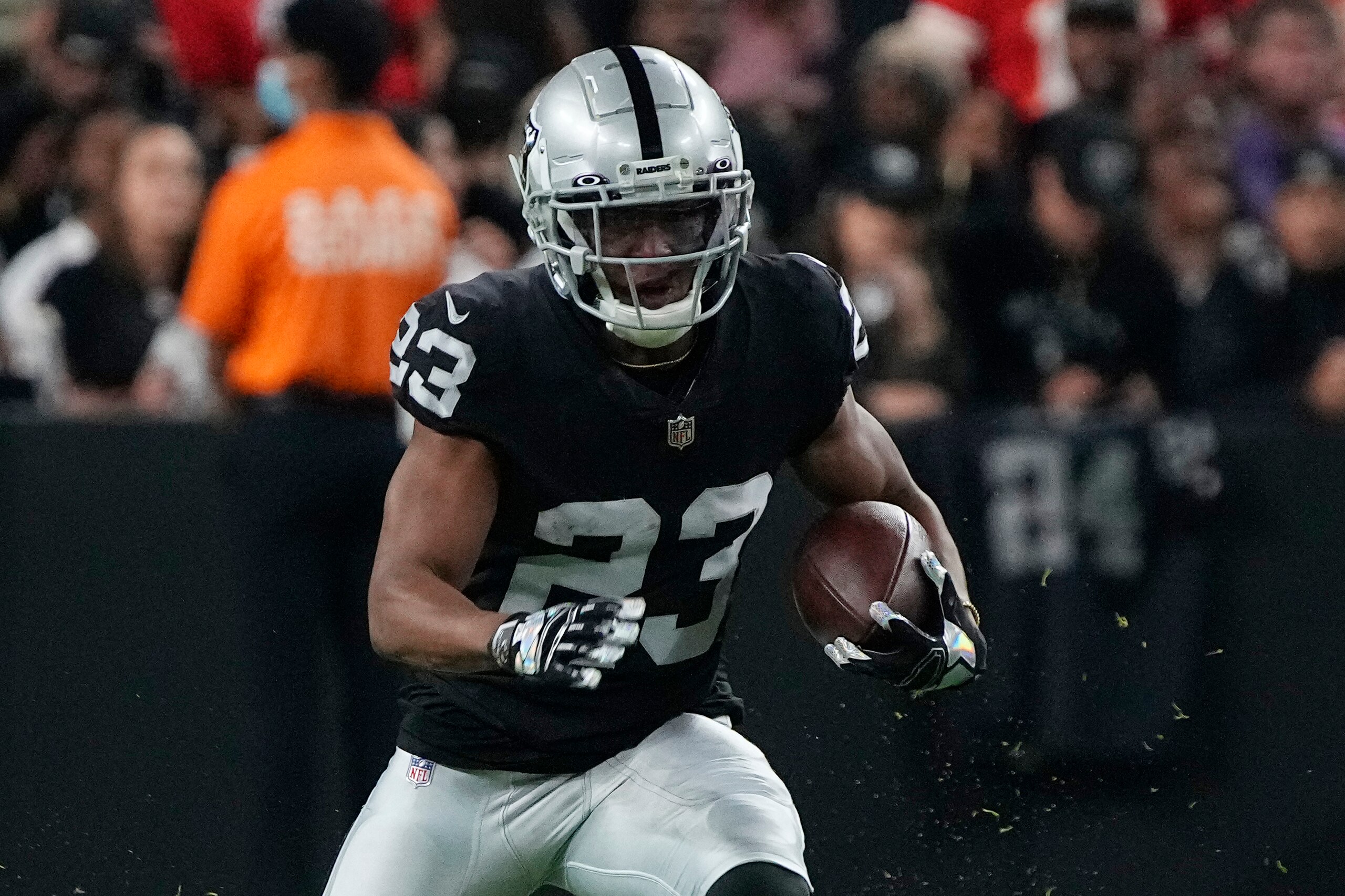 Las Vegas Raiders running back Kenyan Drake (23) during the first half of an NFL football game against the Kansas City Chiefs, Sunday, Nov. 14, 2021, in Las Vegas. (AP Photo/Rick Scuteri)