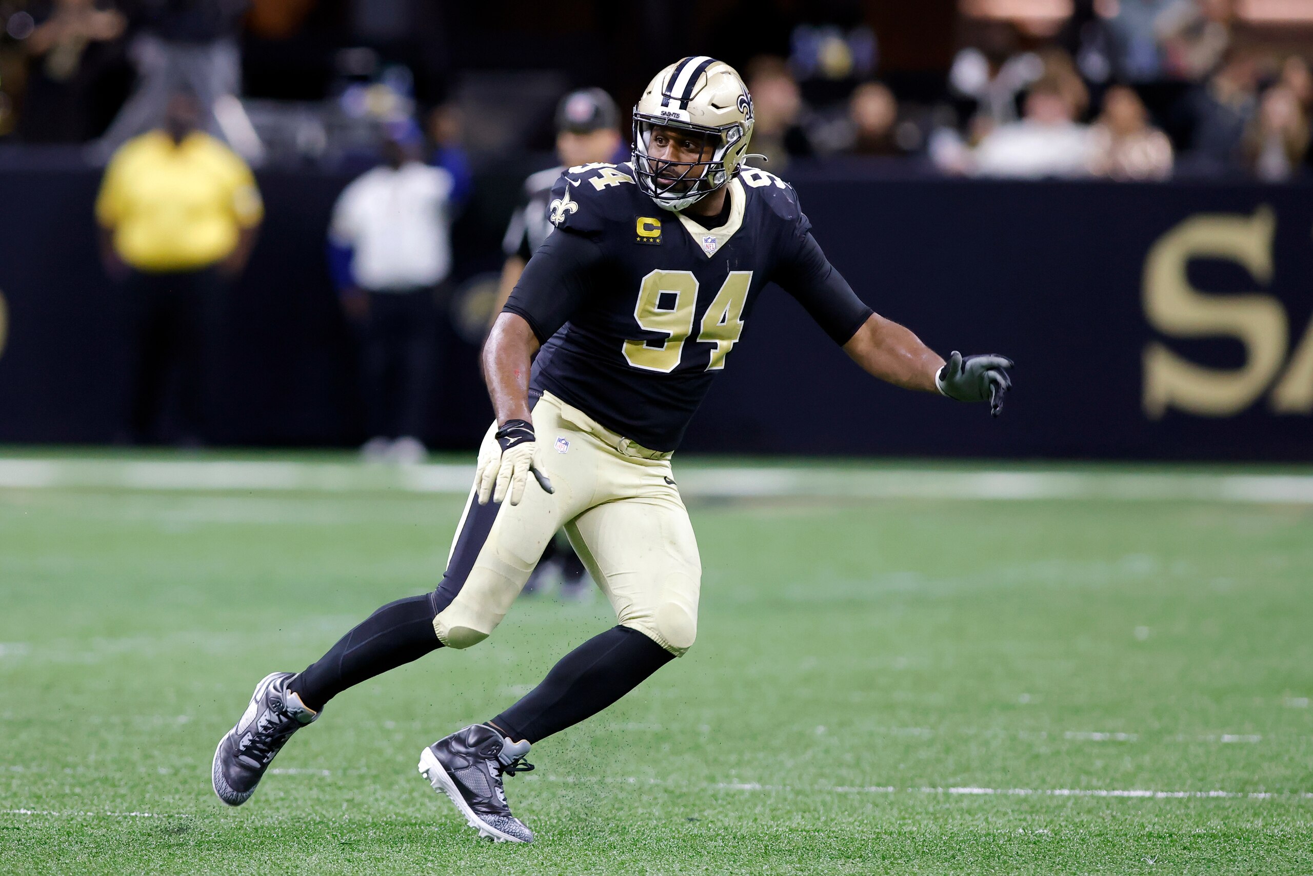 New Orleans Saints defensive end Cameron Jordan (94) in action during an NFL football game against the Carolina Panthers, Sunday, Jan. 2, 2022, in New Orleans. (AP Photo/Tyler Kaufman)