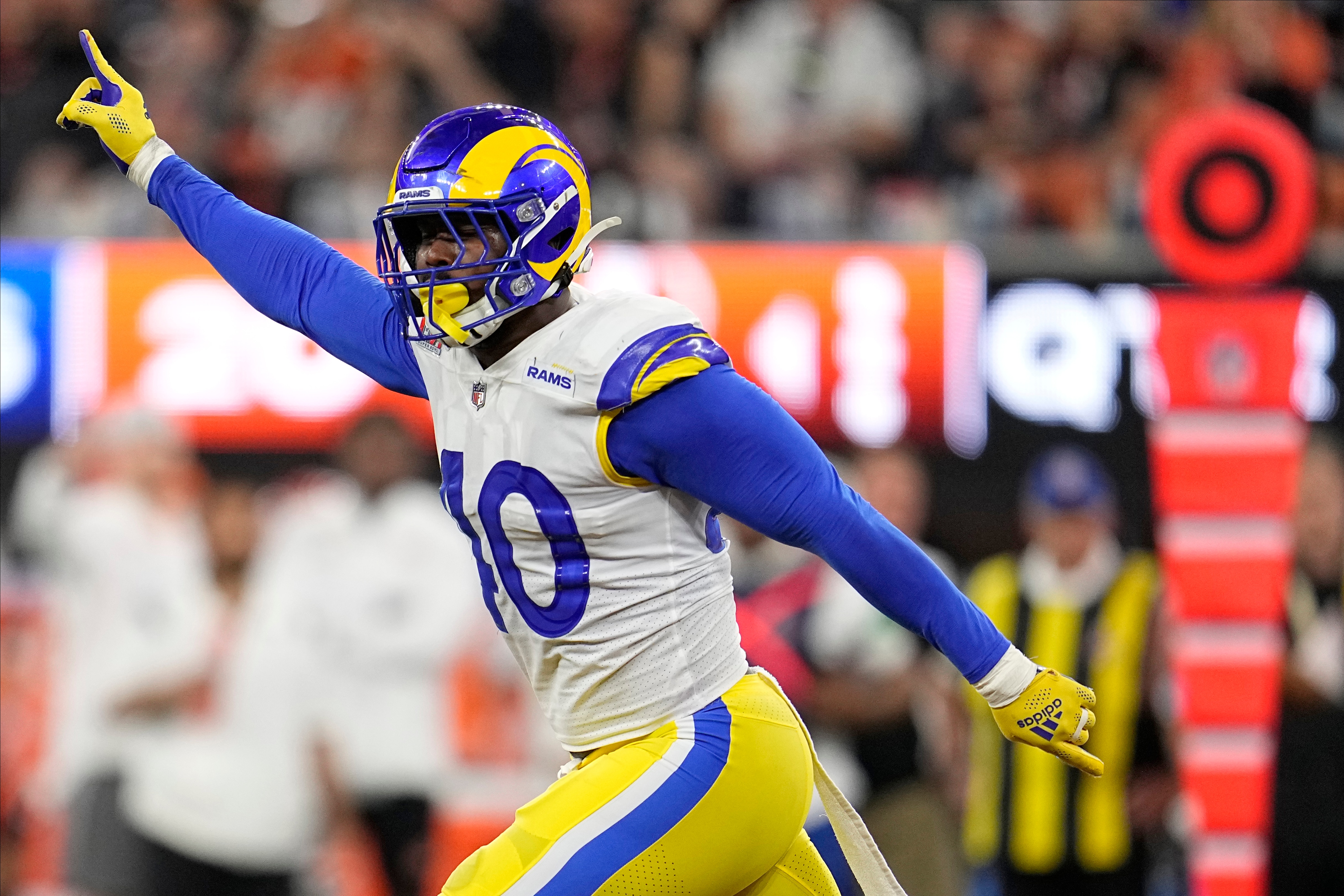 Los Angeles Rams outside linebacker Von Miller reacts after sacking Cincinnati Bengals quarterback Joe Burrow during the second half of the NFL Super Bowl 56 football game Sunday, Feb. 13, 2022, in Inglewood, Calif. (AP Photo/Marcio Jose Sanchez) Los Angeles Rams outside linebacker Von Miller reacts after sacking Cincinnati Bengals quarterback Joe Burrow during the second half of the NFL Super Bowl 56 football game Sunday, Feb. 13, 2022, in Inglewood, Calif. (AP Photo/Marcio Jose Sanchez)