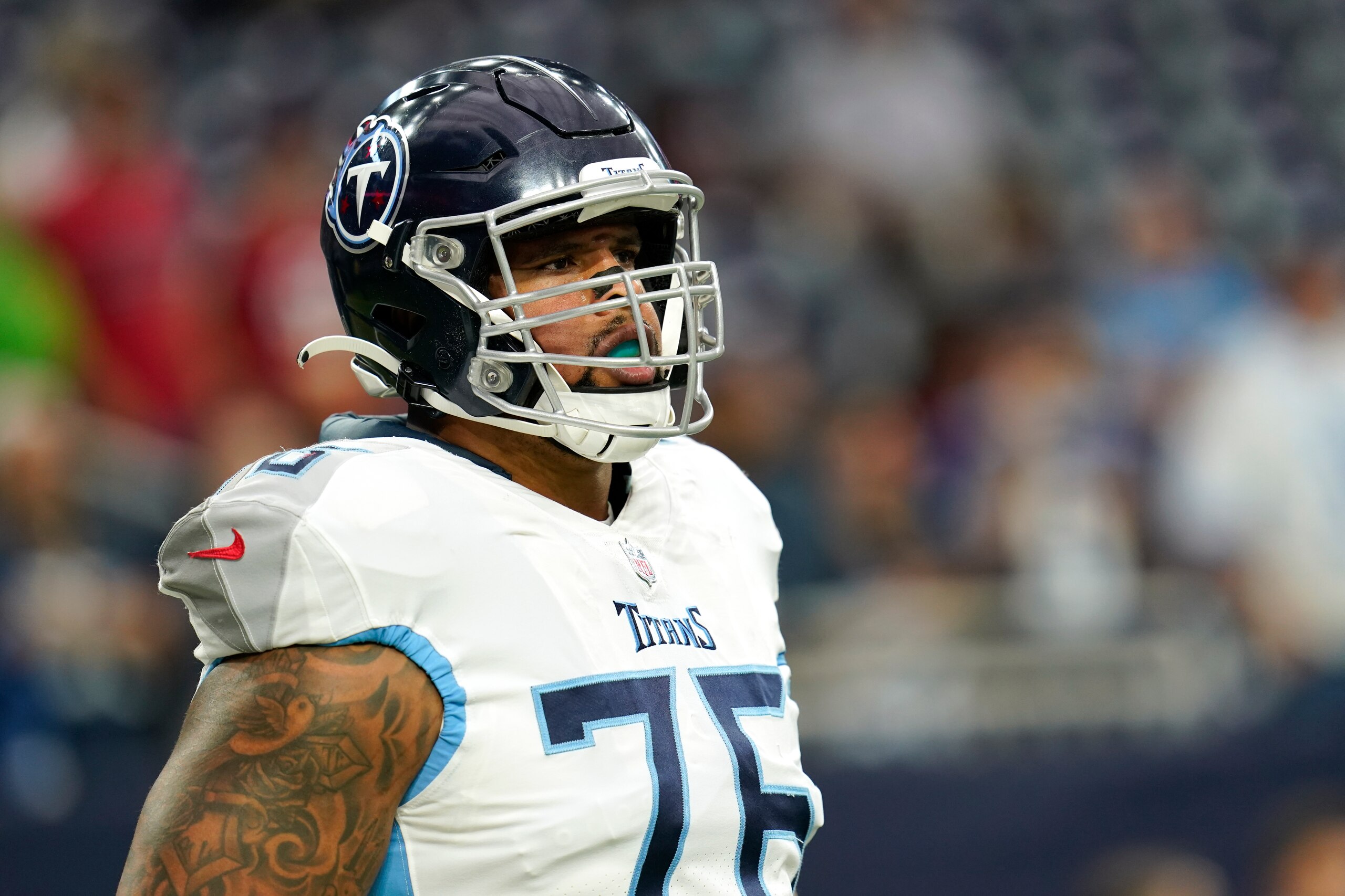 Tennessee Titans offensive lineman Rodger Saffold III (76) during an NFL football game against the Houston Texans, Sunday, Jan. 9, 2022, in Houston. (AP Photo/Matt Patterson)