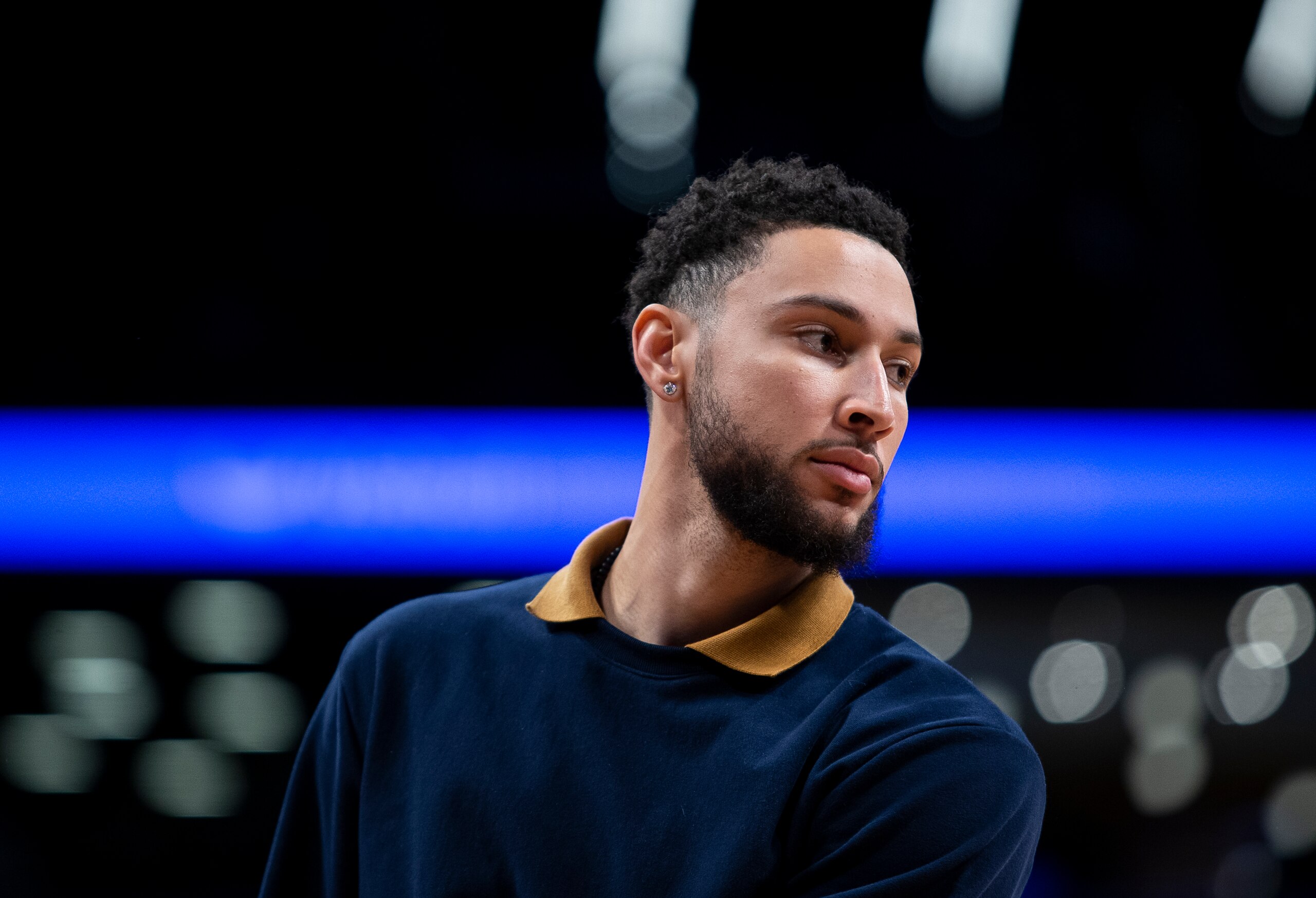 NEW YORK, NEW YORK - FEBRUARY 28: Ben Simmons #10 of the Brooklyn Nets looks out during game against the Toronto Raptors at Barclays Center on February 28, 2022 in the Brooklyn borough of New York City. NOTE TO USER: User expressly acknowledges and agrees that, by downloading and or using this photograph, User is consenting to the terms and conditions of the Getty Images License Agreement. (Photo by Michelle Farsi/Getty Images)