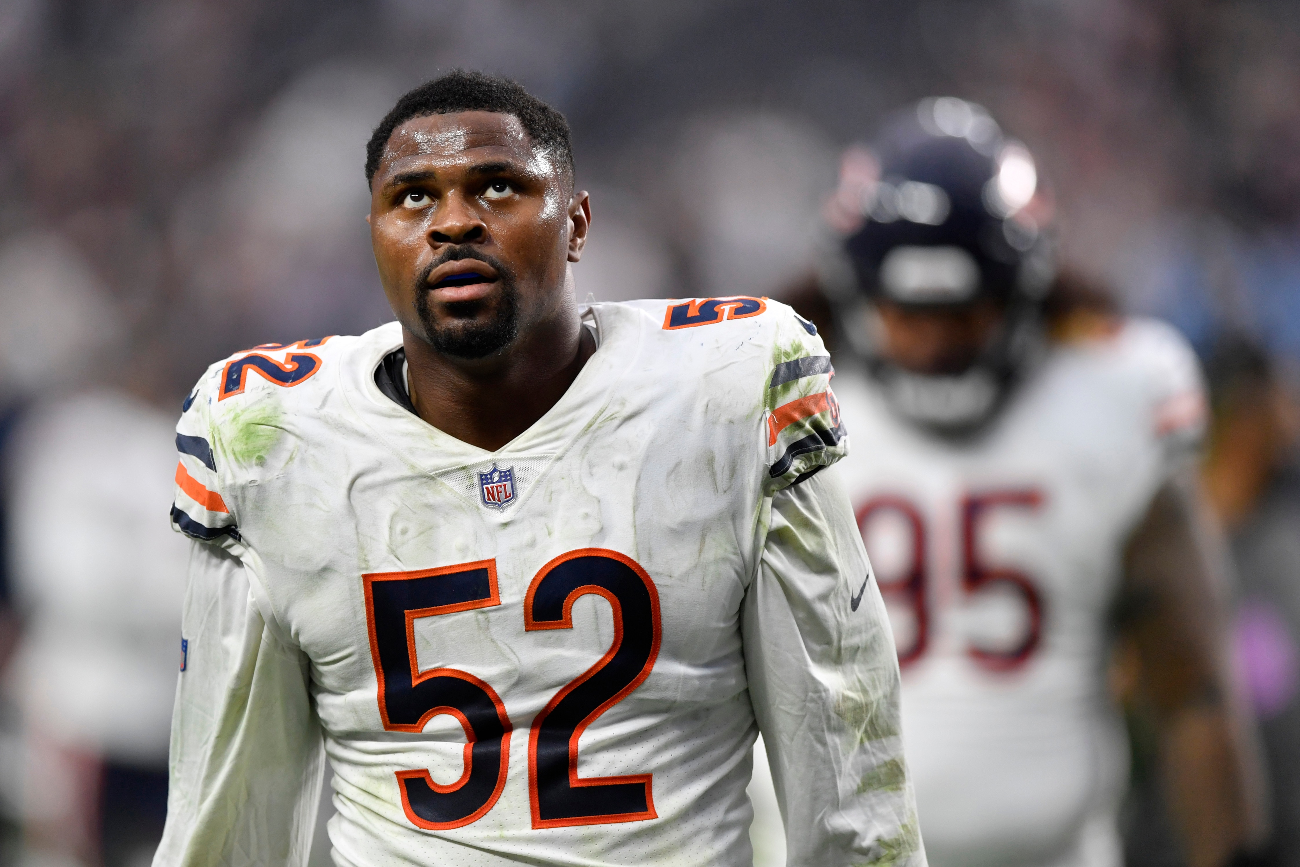 LAS VEGAS, NEVADA - OCTOBER 10:  Outside linebacker Khalil Mack #52 of the Chicago Bears walks off the field after a game against the Las Vegas Raiders at Allegiant Stadium on October 10, 2021 in Las Vegas, Nevada. The Bears defeated the Raiders 20-9. (Photo by Chris Unger/Getty Images)