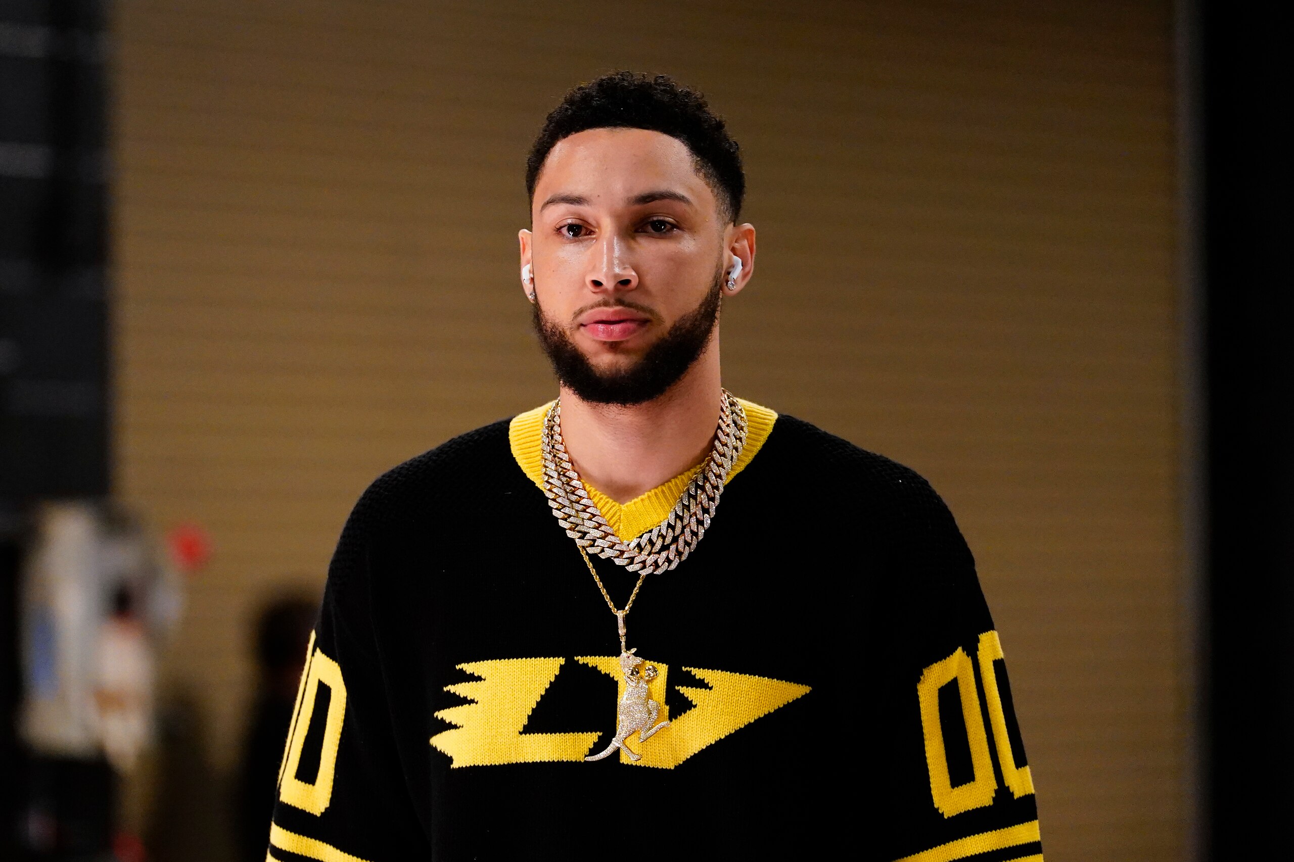 Brooklyn Nets' Ben Simmons arrives before an NBA basketball game against the Philadelphia 76ers, Thursday, March 10, 2022, in Philadelphia. (AP Photo/Matt Slocum)