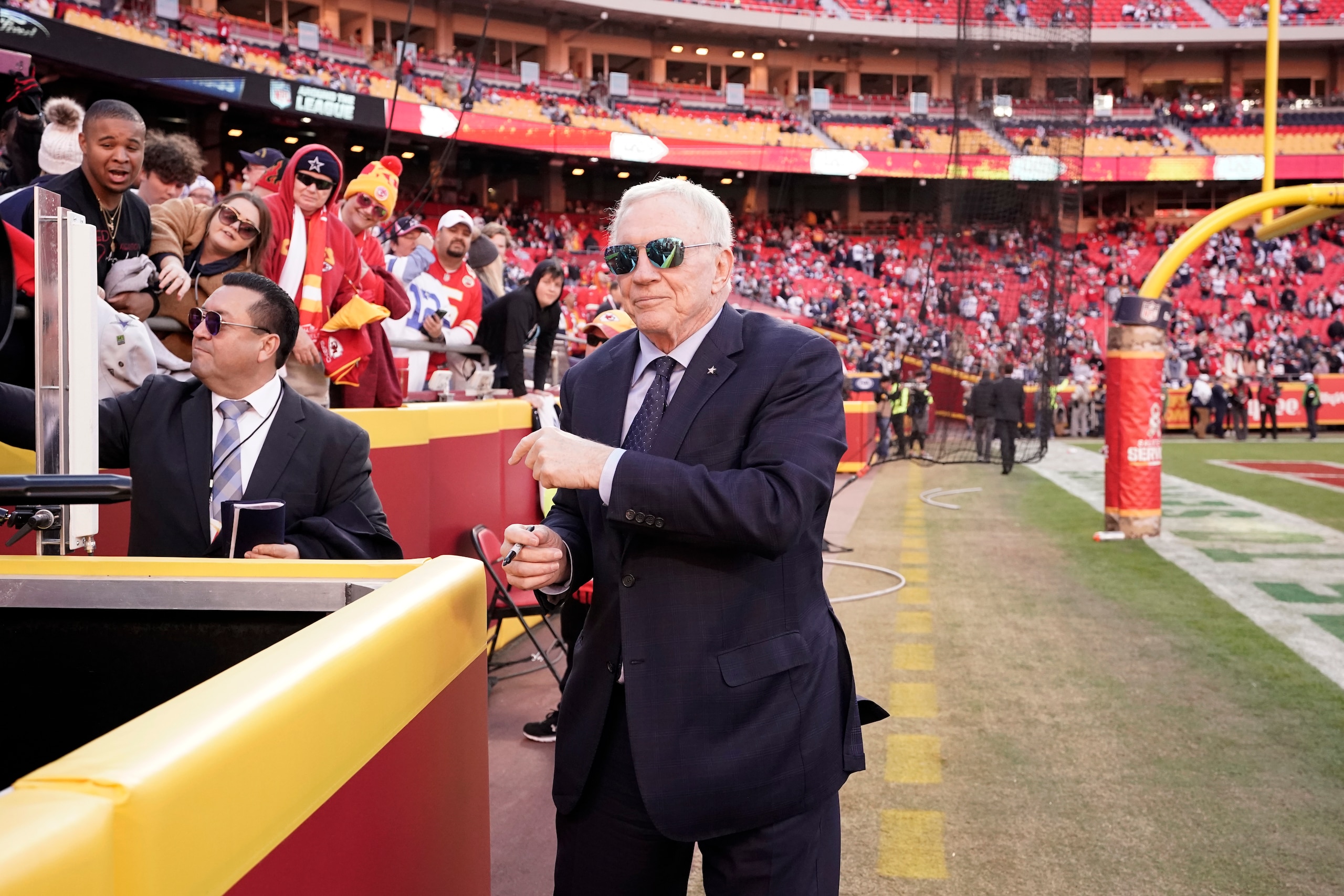 Dallas Cowboys owner Jerry Jones is seen before the start of an NFL football game between the Kansas City Chiefs and the Dallas Cowboys Sunday, Nov. 21, 2021, in Kansas City, Mo. (AP Photo/Charlie Riedel)