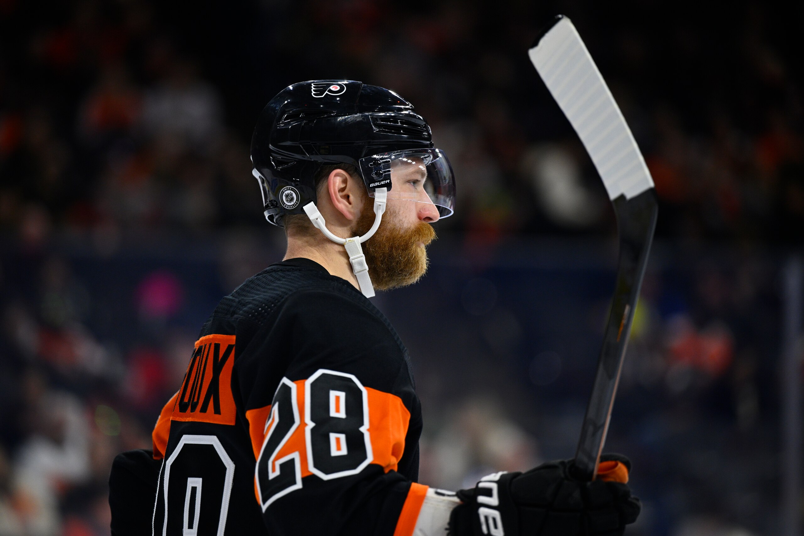 Philadelphia Flyers' Claude Giroux in action during an NHL hockey game against the Chicago Blackhawks, Saturday, March 5, 2022, in Philadelphia. (AP Photo/Derik Hamilton)