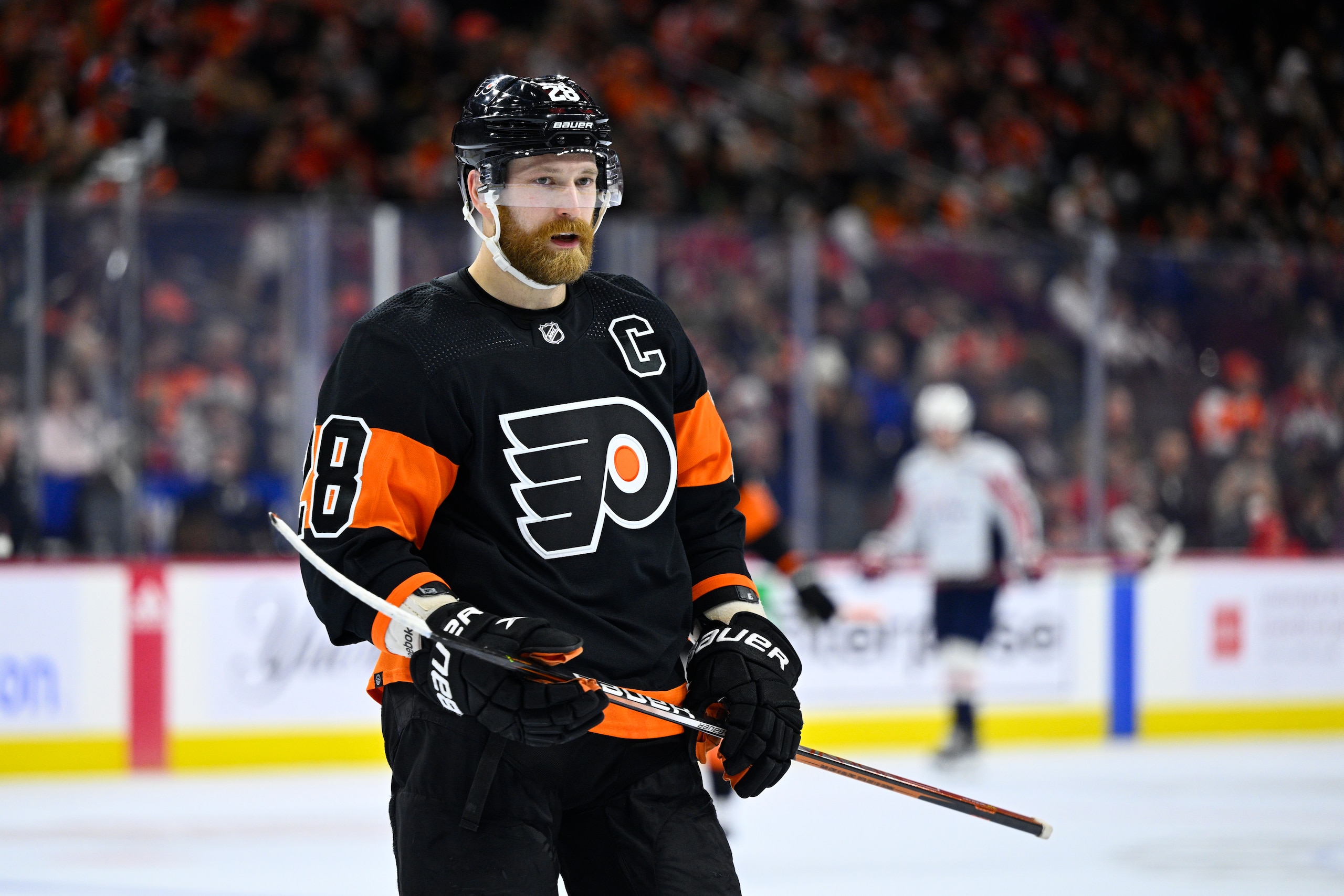 Philadelphia Flyers' Claude Giroux in action during an NHL hockey game against the Washington Capitals, Saturday, Feb. 26, 2022, in Philadelphia. (AP Photo/Derik Hamilton)