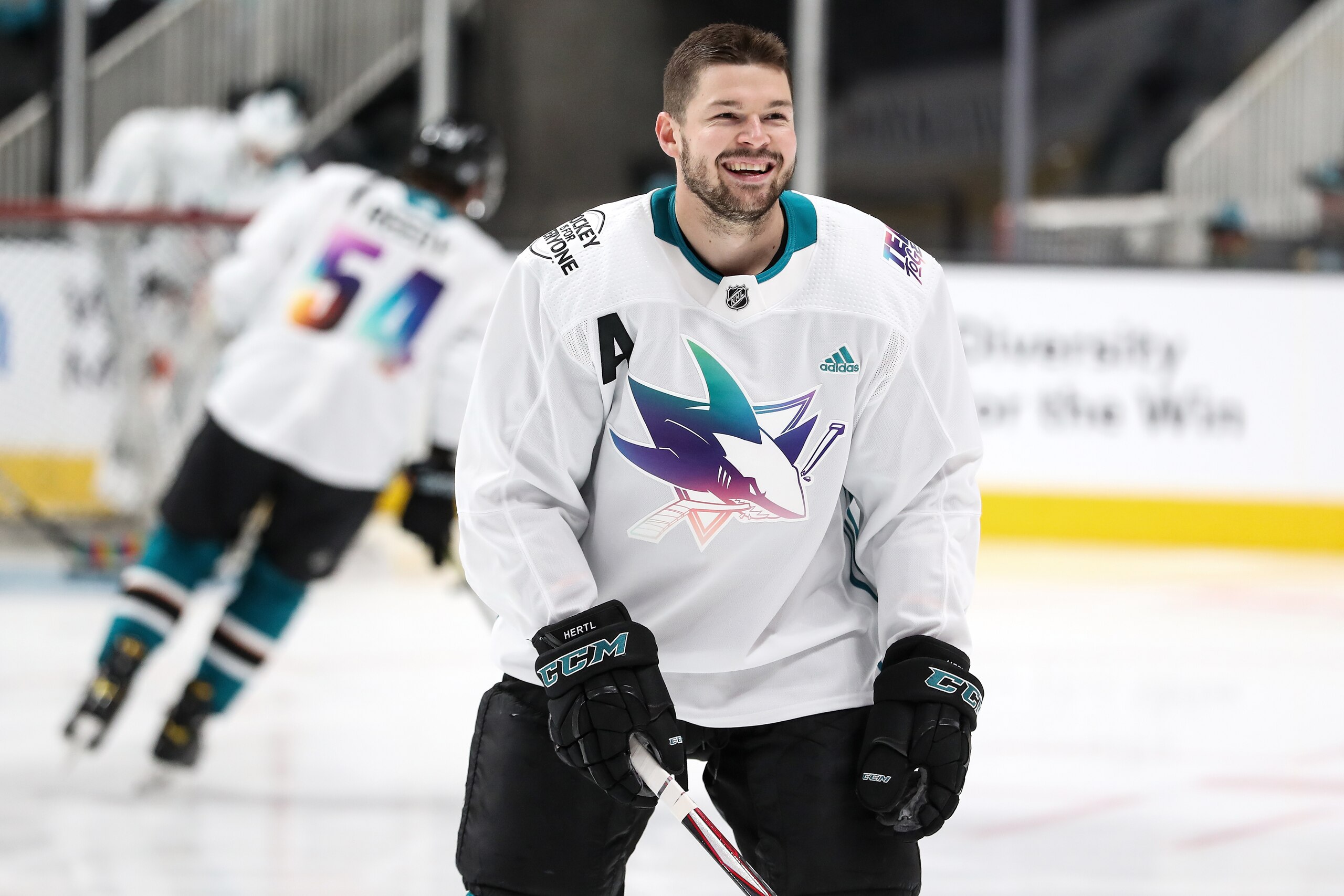SAN JOSE, CA - MARCH 5: Tomas Hertl #48 of the San Jose Sharks skates during warmups in special Hockey Is For Everyone jerseys against the Nashville Predators at SAP Center on March 5, 2022 in San Jose, California. (Photo by Kavin Mistry/NHLI via Getty Images)