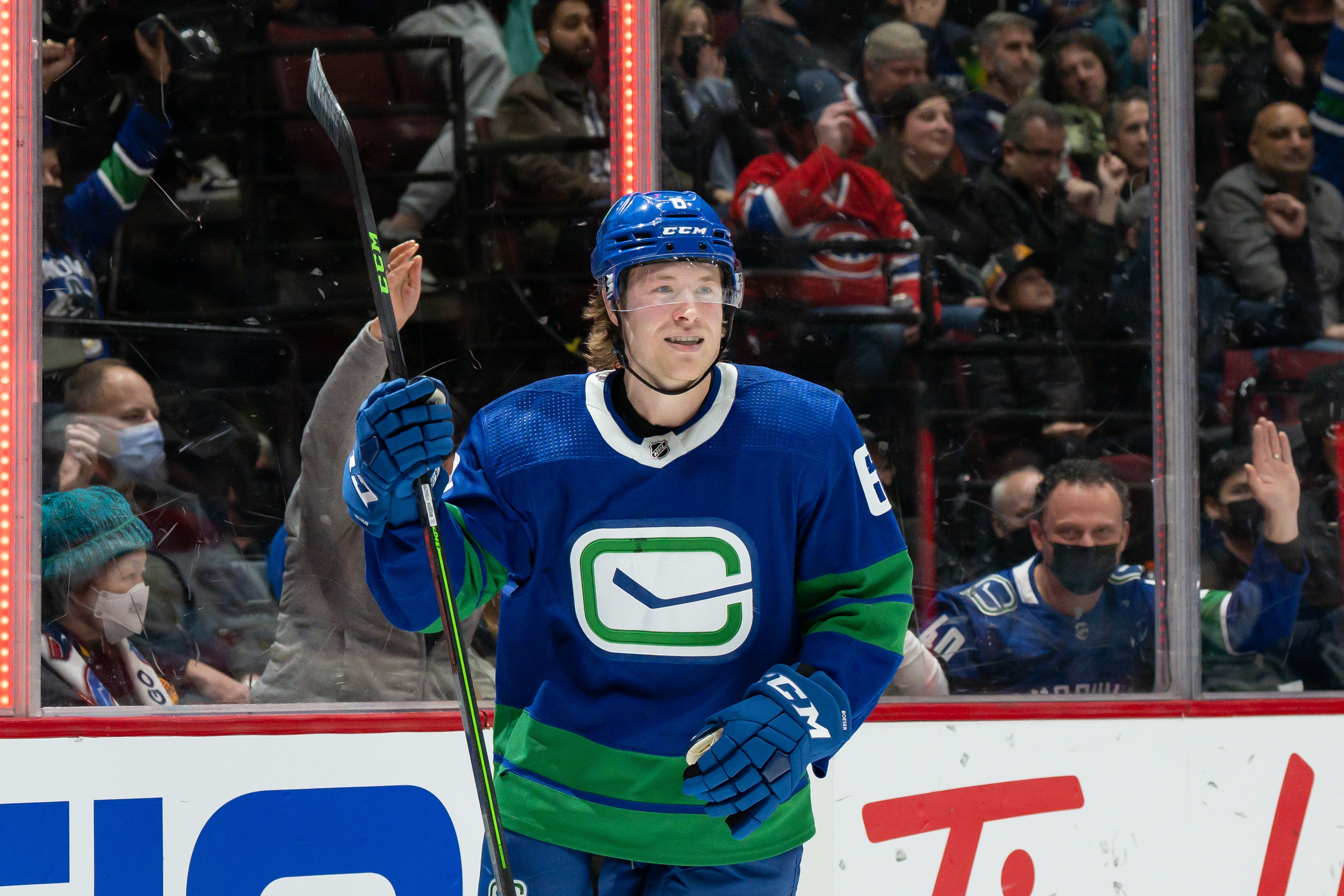 VANCOUVER, BC - MARCH 09: Vancouver Canucks right wing Brock Boeser (6) celebrates after scoring a goal against the Montreal Canadiens during their NHL game at Rogers Arena on March 9, 2022 in Vancouver, British Columbia, Canada. (Photo by Derek Cain/Icon Sportswire via Getty Images)
