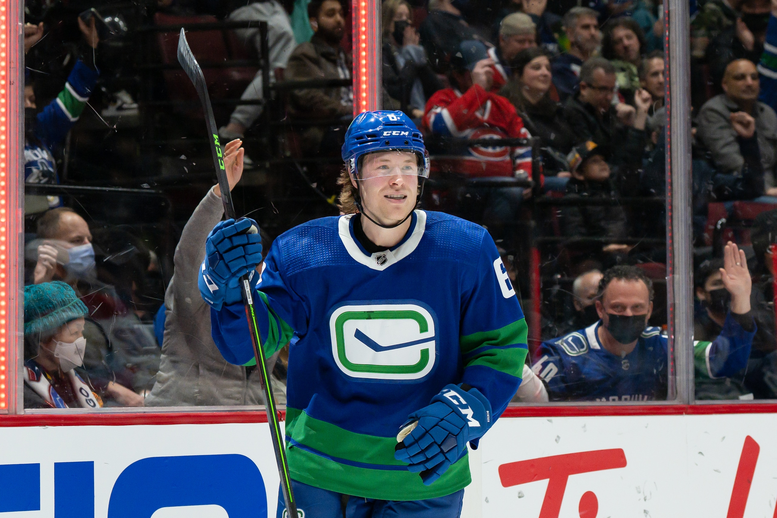 VANCOUVER, BC - MARCH 09: Vancouver Canucks right wing Brock Boeser (6) celebrates after scoring a goal against the Montreal Canadiens during their NHL game at Rogers Arena on March 9, 2022 in Vancouver, British Columbia, Canada. (Photo by Derek Cain/Icon Sportswire via Getty Images)