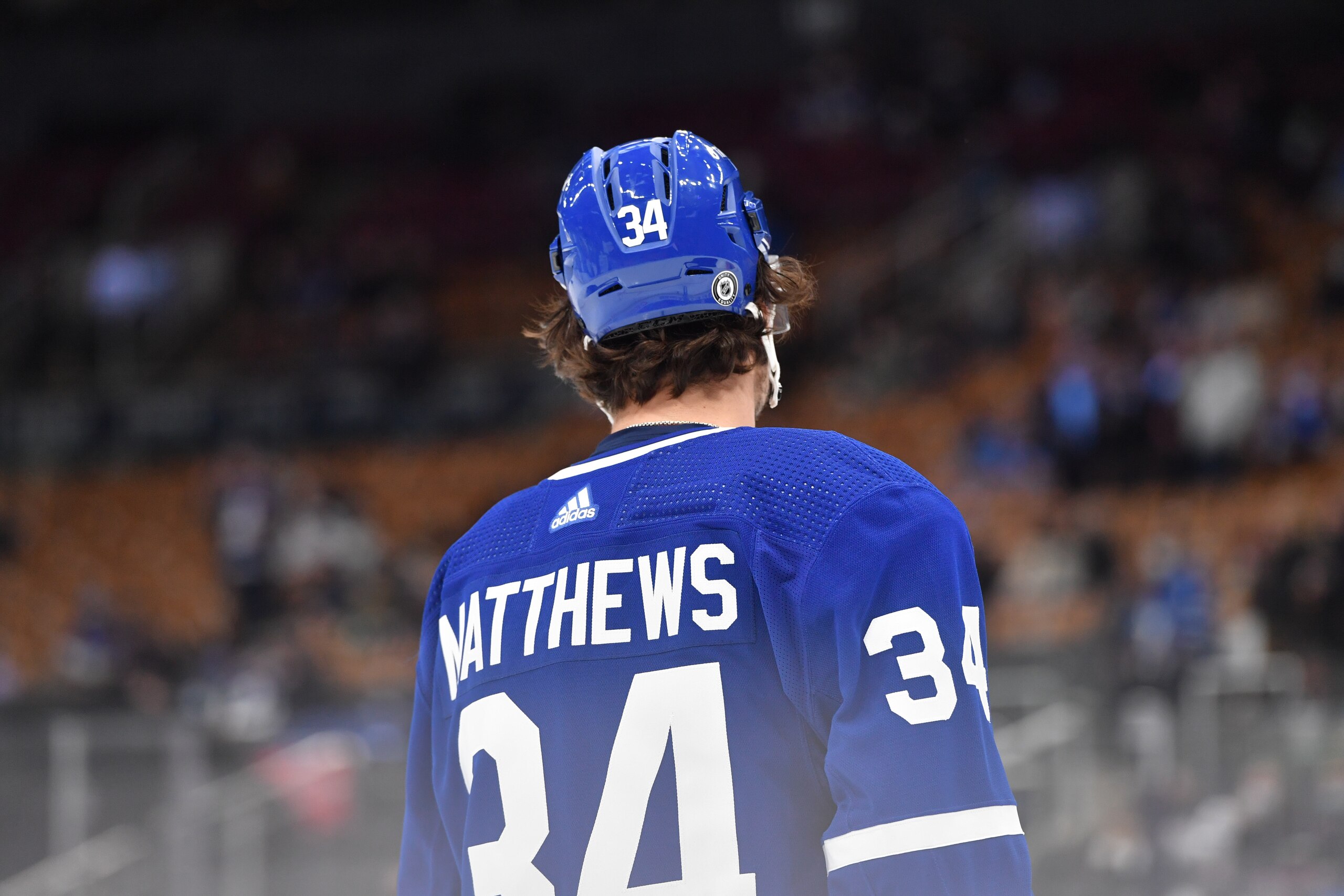 TORONTO, ON - MARCH 10: Toronto Maple Leafs Center Auston Matthews (34) looks on prior to the the NHL regular season game between the Arizona Coyotes and the Toronto Maple Leafs on March 10, 2022, at Scotiabank Arena in Toronto, ON, Canada. (Photo by Gavin Napier/Icon Sportswire via Getty Images)