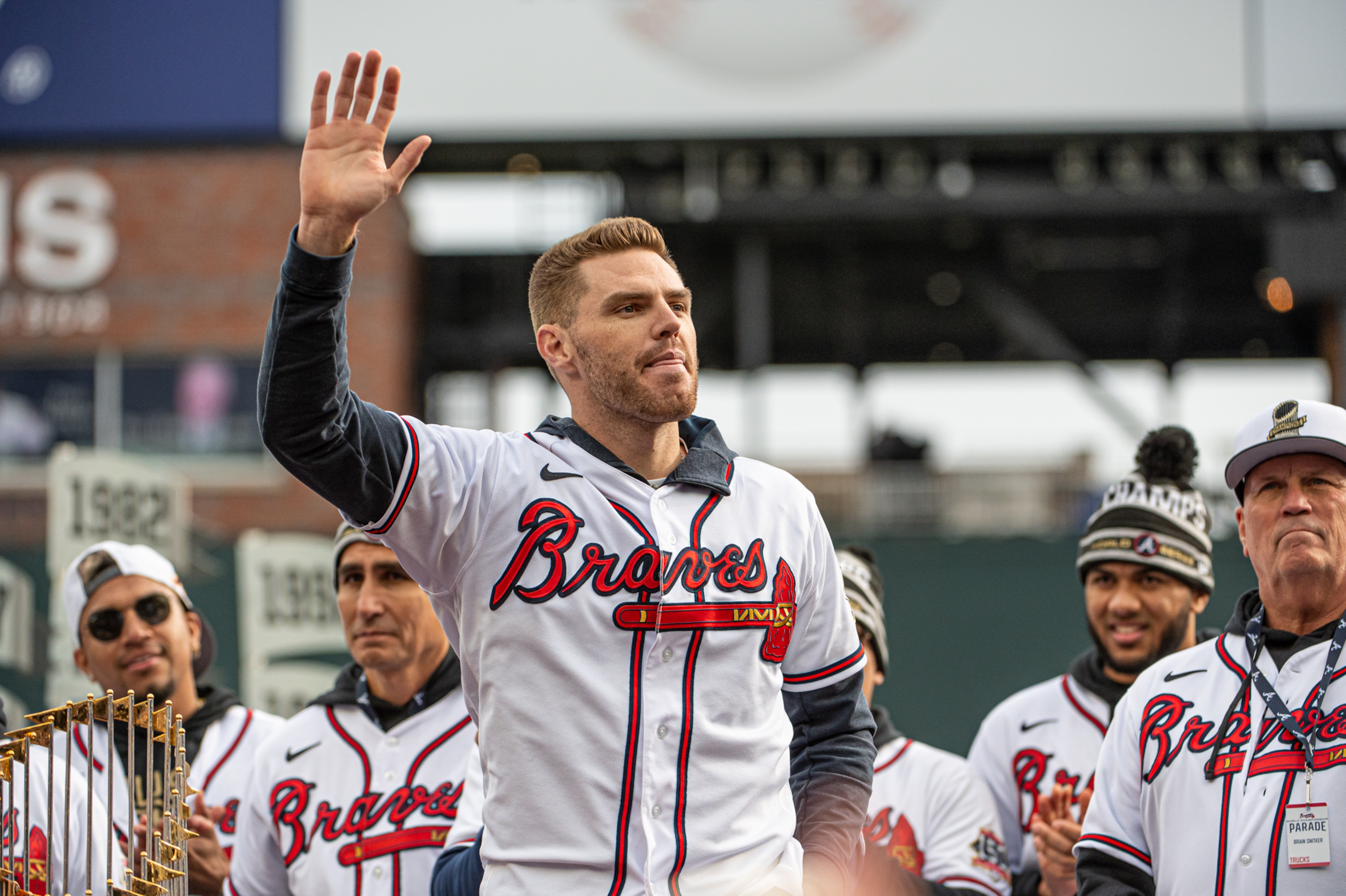 ATLANTA, GA - NOVEMBER 05:  Atlanta Braves first baseman Freddie Freeman (5) showing appreciation for the Atlanta crowd during the championship celebration for the 2021 World Champion Atlanta Braves at Truist Park on November 05, 2021 at Truist Park in Atlanta, GA.  (Photo by John Adams/Icon Sportswire via Getty Images)