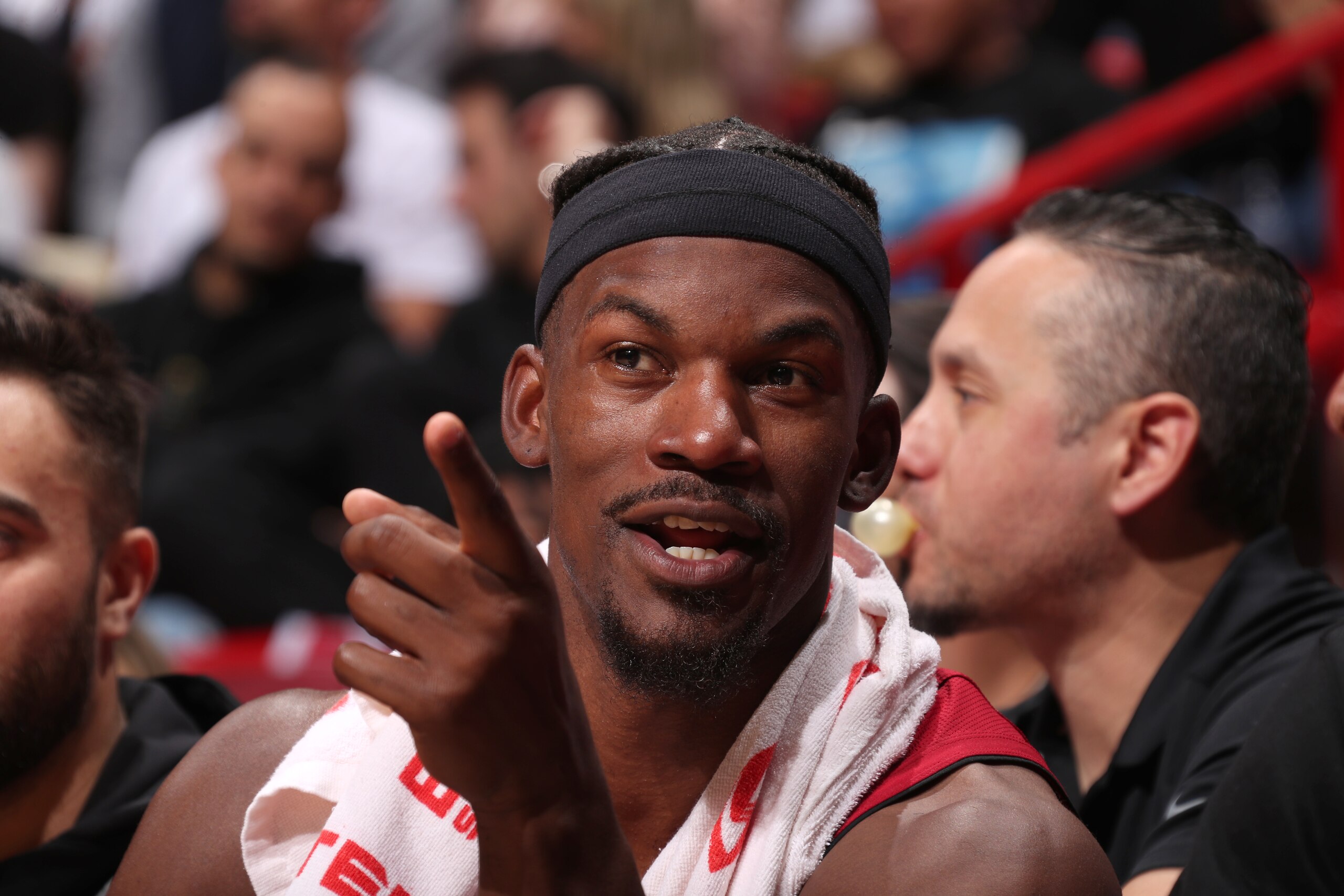 MIAMI, FL - MARCH 7: Jimmy Butler #22 of the Miami Heat points during the game against the Houston Rockets on March 7, 2022 at FTX Arena in Miami, Florida. NOTE TO USER: User expressly acknowledges and agrees that, by downloading and or using this Photograph, user is consenting to the terms and conditions of the Getty Images License Agreement. Mandatory Copyright Notice: Copyright 2022 NBAE (Photo by Issac Baldizon/NBAE via Getty Images)