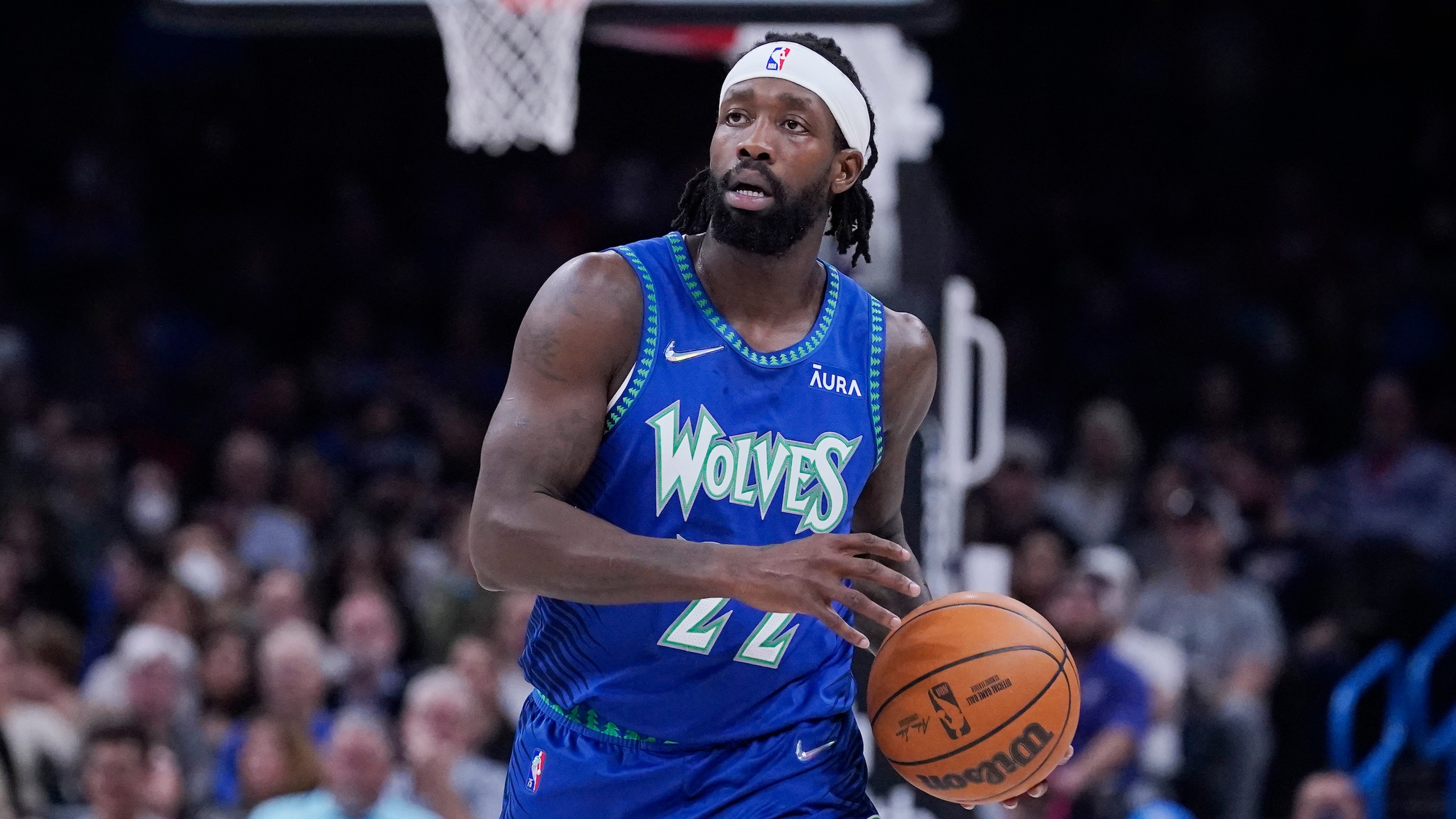 Minnesota Timberwolves guard Patrick Beverley (22) in the first half of an NBA basketball game against the Oklahoma City Thunder, Friday, March 4, 2022, in Oklahoma City. (AP Photo/Sue Ogrocki)