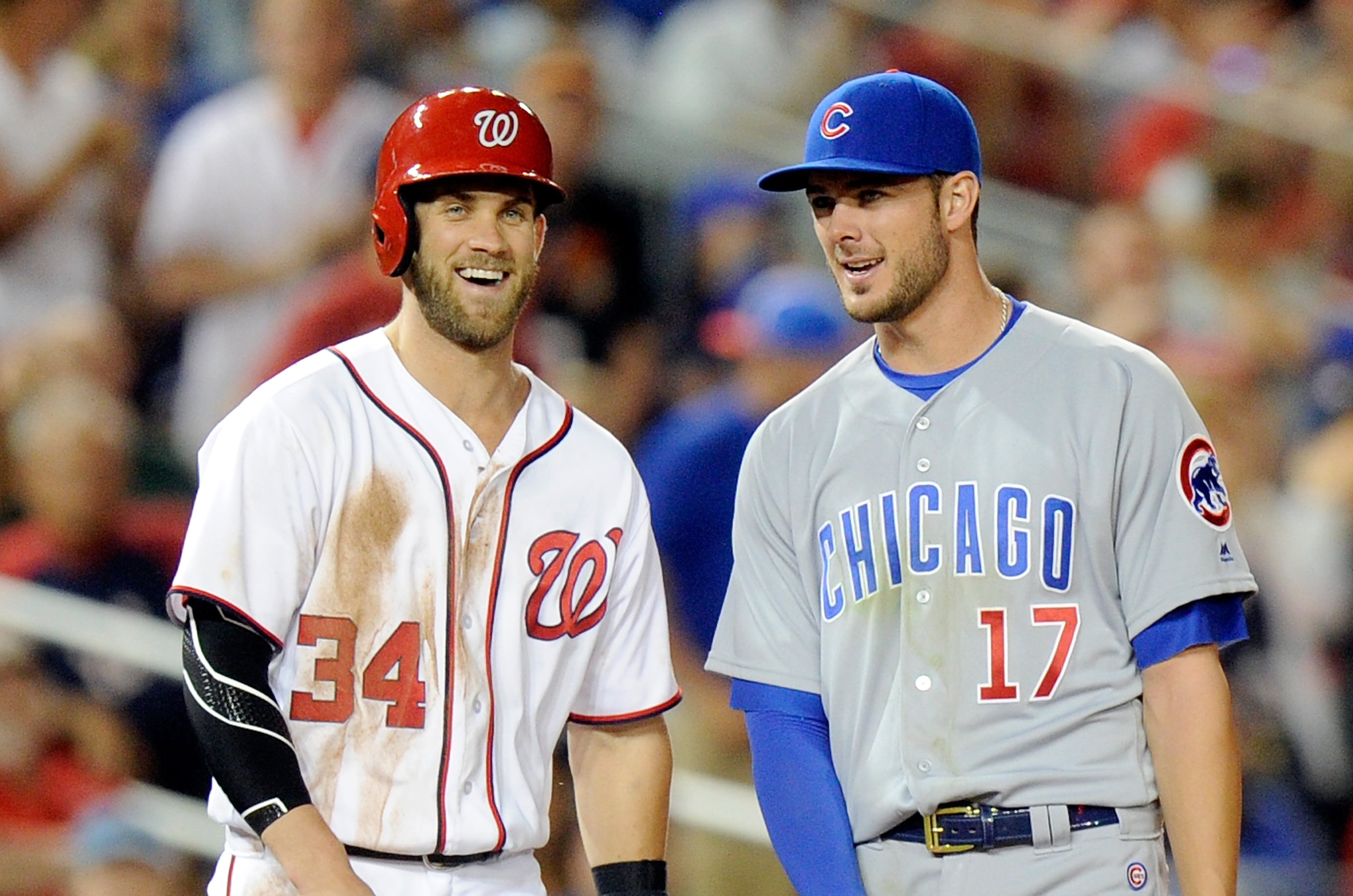 WASHINGTON, DC - JUNE 14: Bryce Harper #34 of the Washington Nationals talks with Kris Bryant #17 of the Chicago Cubs during the eighth inning at Nationals Park on June 14, 2016 in Washington, DC. Chicago won the game 4-3. (Photo by G Fiume/Getty Images) WASHINGTON, DC - JUNE 14: Bryce Harper #34 of the Washington Nationals talks with Kris Bryant #17 of the Chicago Cubs during the eighth inning at Nationals Park on June 14, 2016 in Washington, DC. Chicago won the game 4-3. (Photo by G Fiume/Getty Images)
