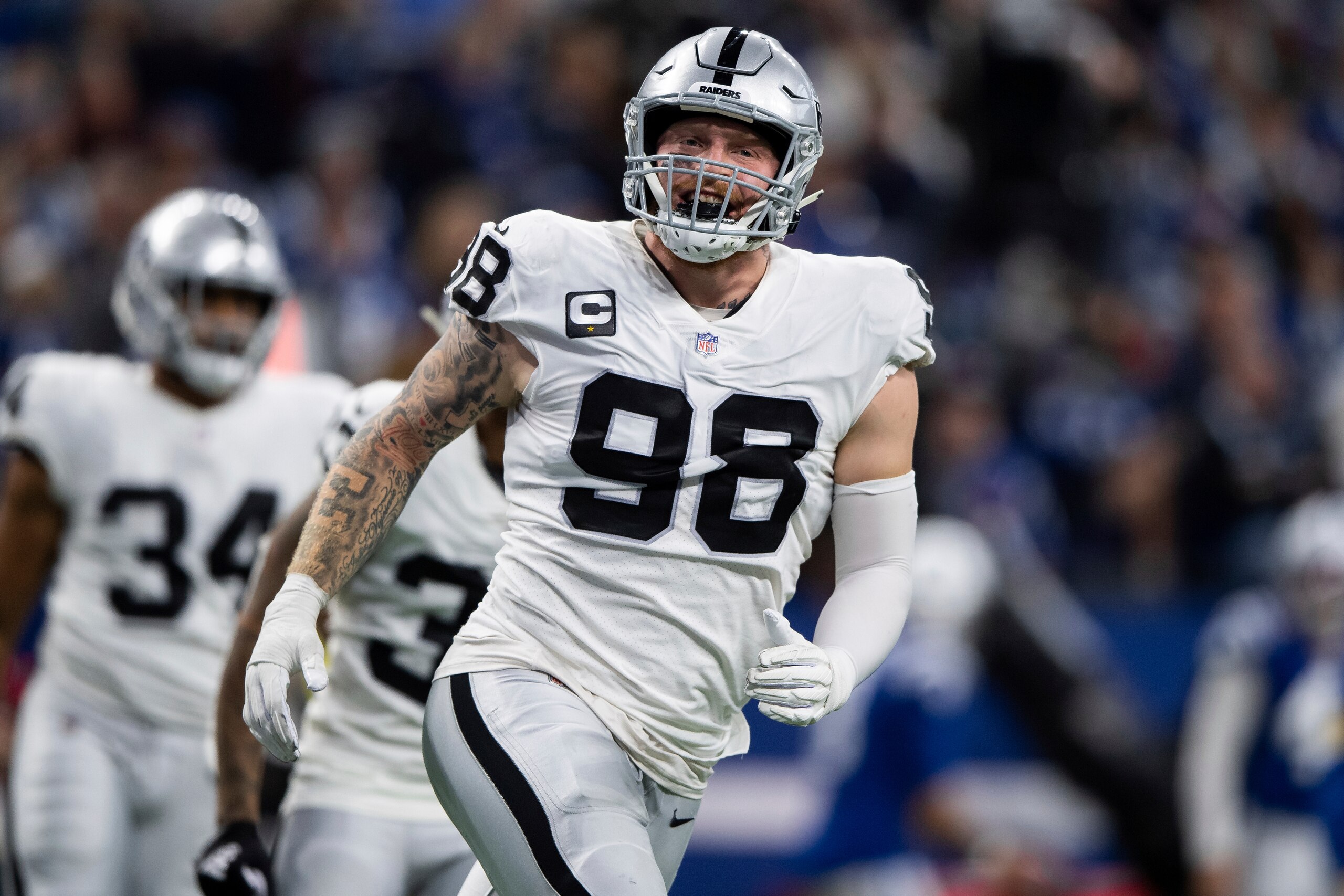 Las Vegas Raiders defensive end Maxx Crosby (98) celebrates after a defensive stop during an NFL football game against the Indianapolis Colts, Sunday, Jan. 2, 2022, in Indianapolis. (AP Photo/Zach Bolinger)