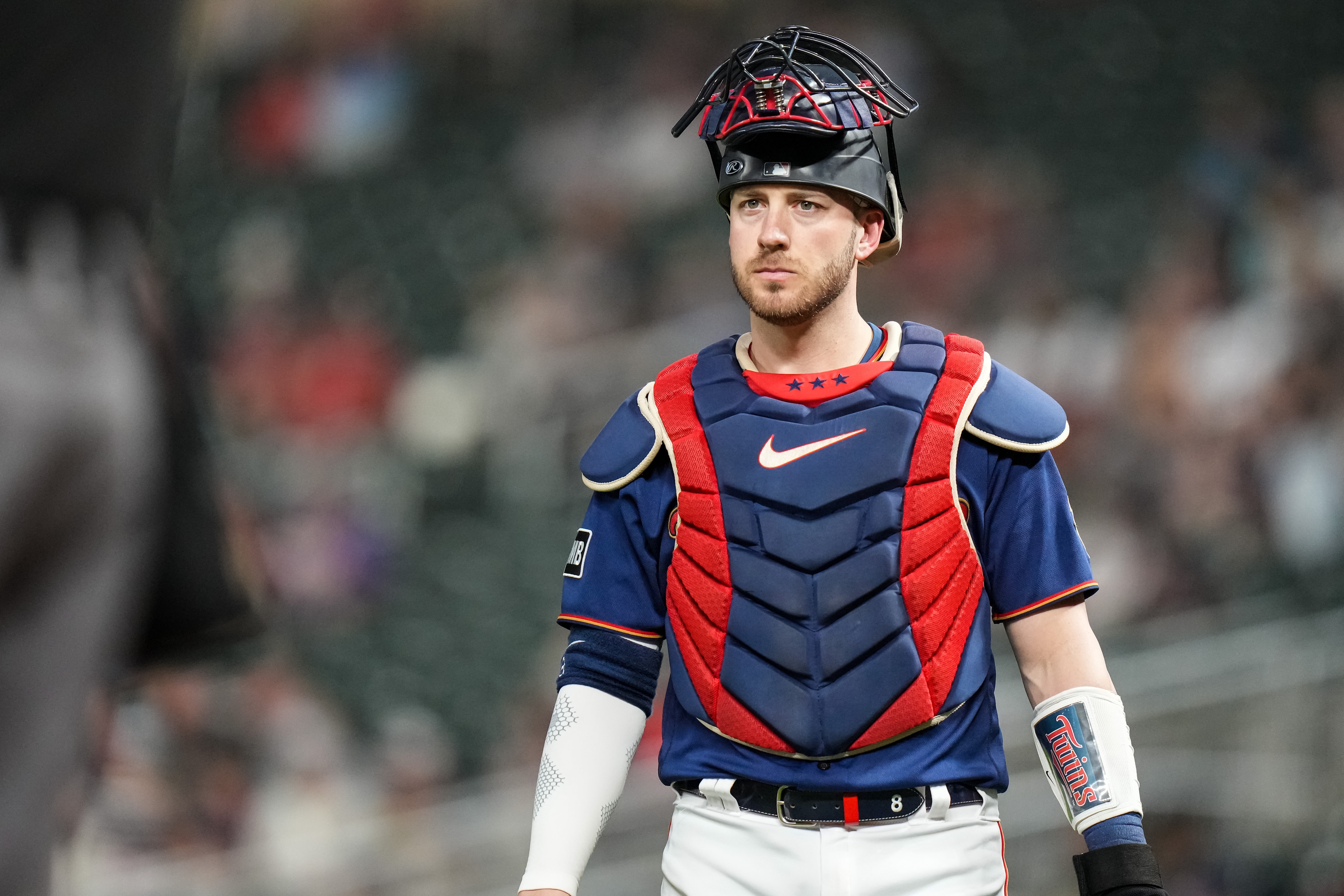 MINNEAPOLIS, MN - SEPTEMBER 28: Mitch Garver #8 of the Minnesota Twins looks on against the Detroit Tigers on September 28, 2021 at Target Field in Minneapolis, Minnesota. (Photo by Brace Hemmelgarn/Minnesota Twins/Getty Images)